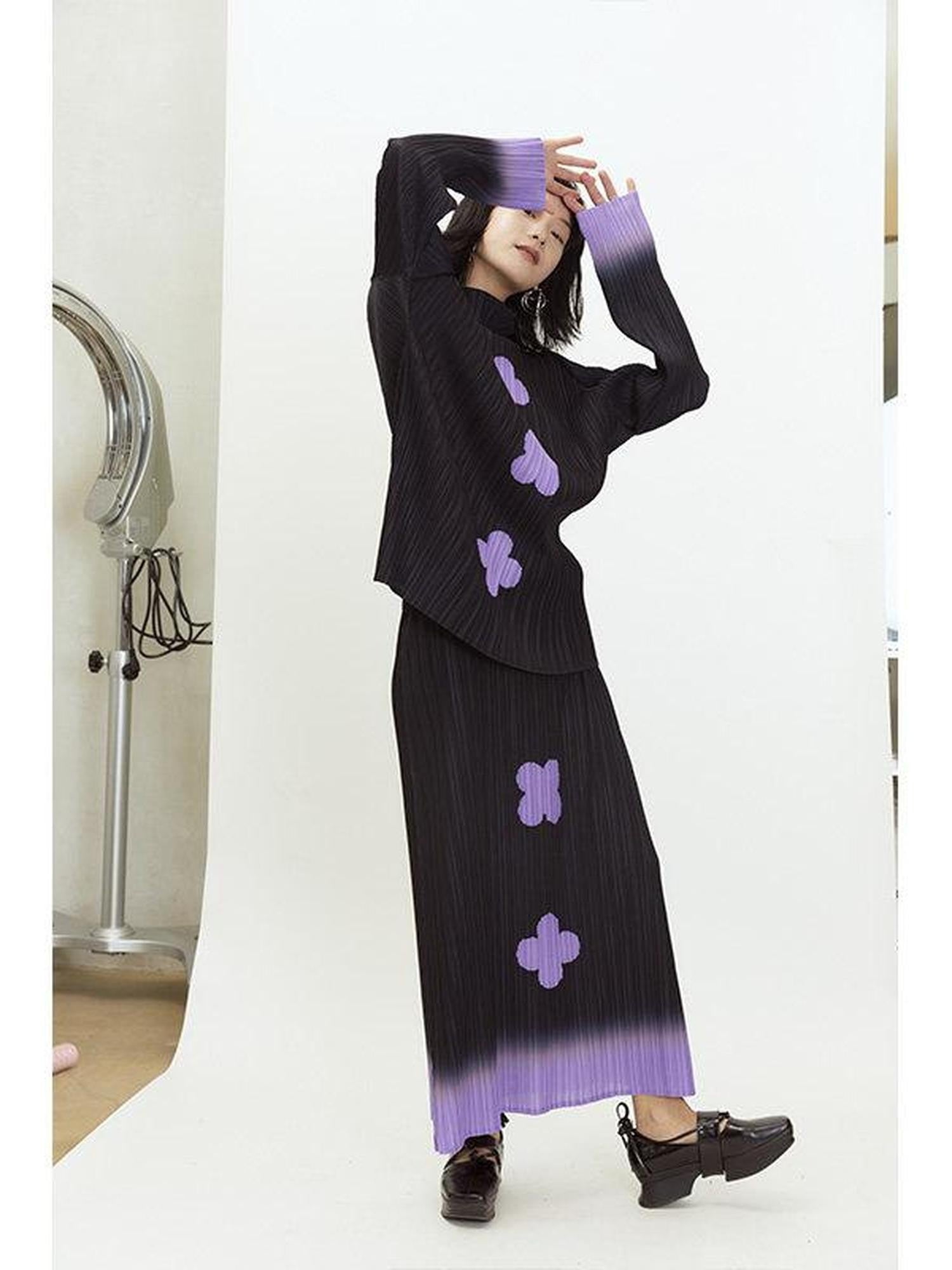 QUORRA S CHORD Black Purple Gradient Pleated A Line Plum Blossom Print Women&