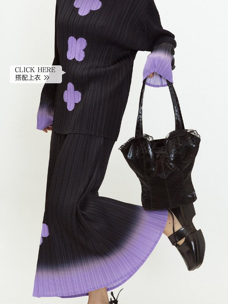 QUORRA S CHORD Black Purple Gradient Pleated A Line Plum Blossom Print Women&