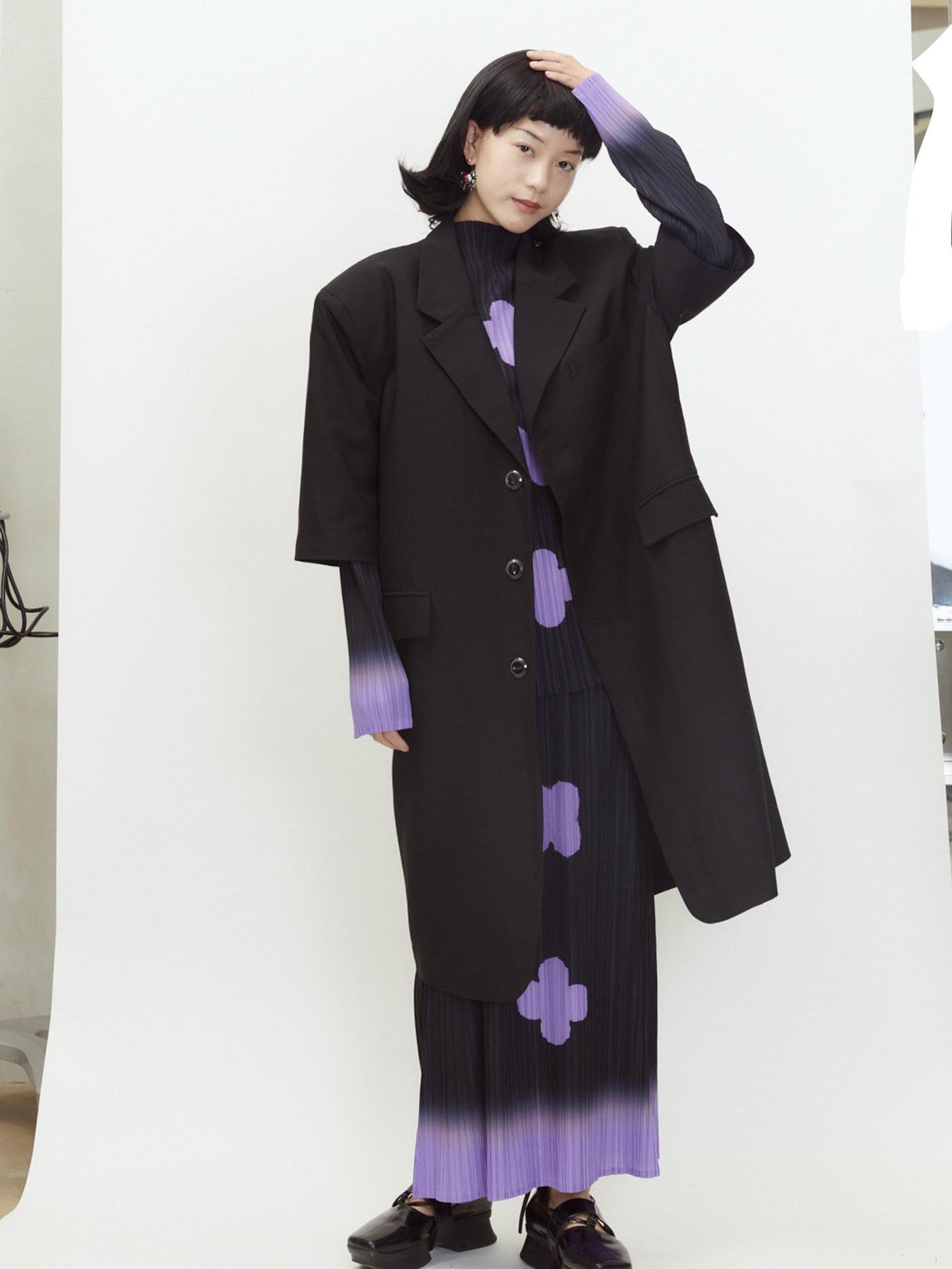 QUORRA S CHORD Black Purple Gradient Ruched Plum Blossom Print Women&