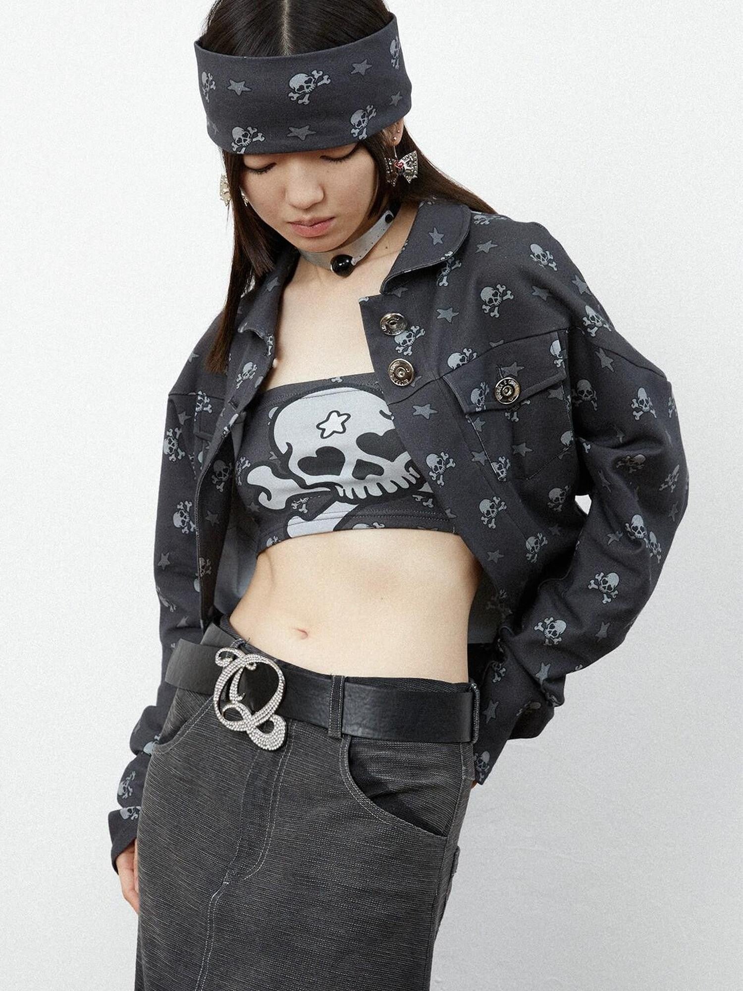 QUORRA S CHORD Black Skull Star Print Gothic Punk Loose Women&