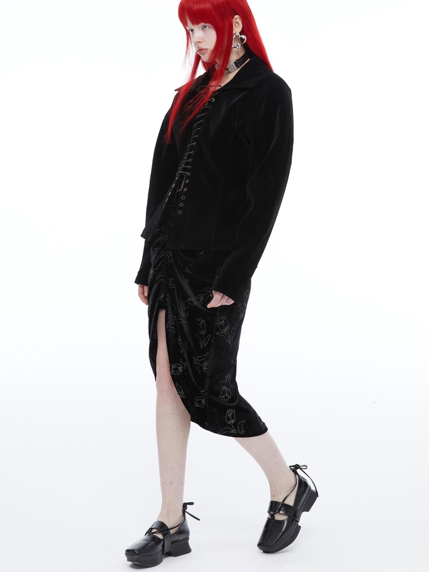 QUORRA S CHORD Black Velvet Drawstring Waist Cinch Women&