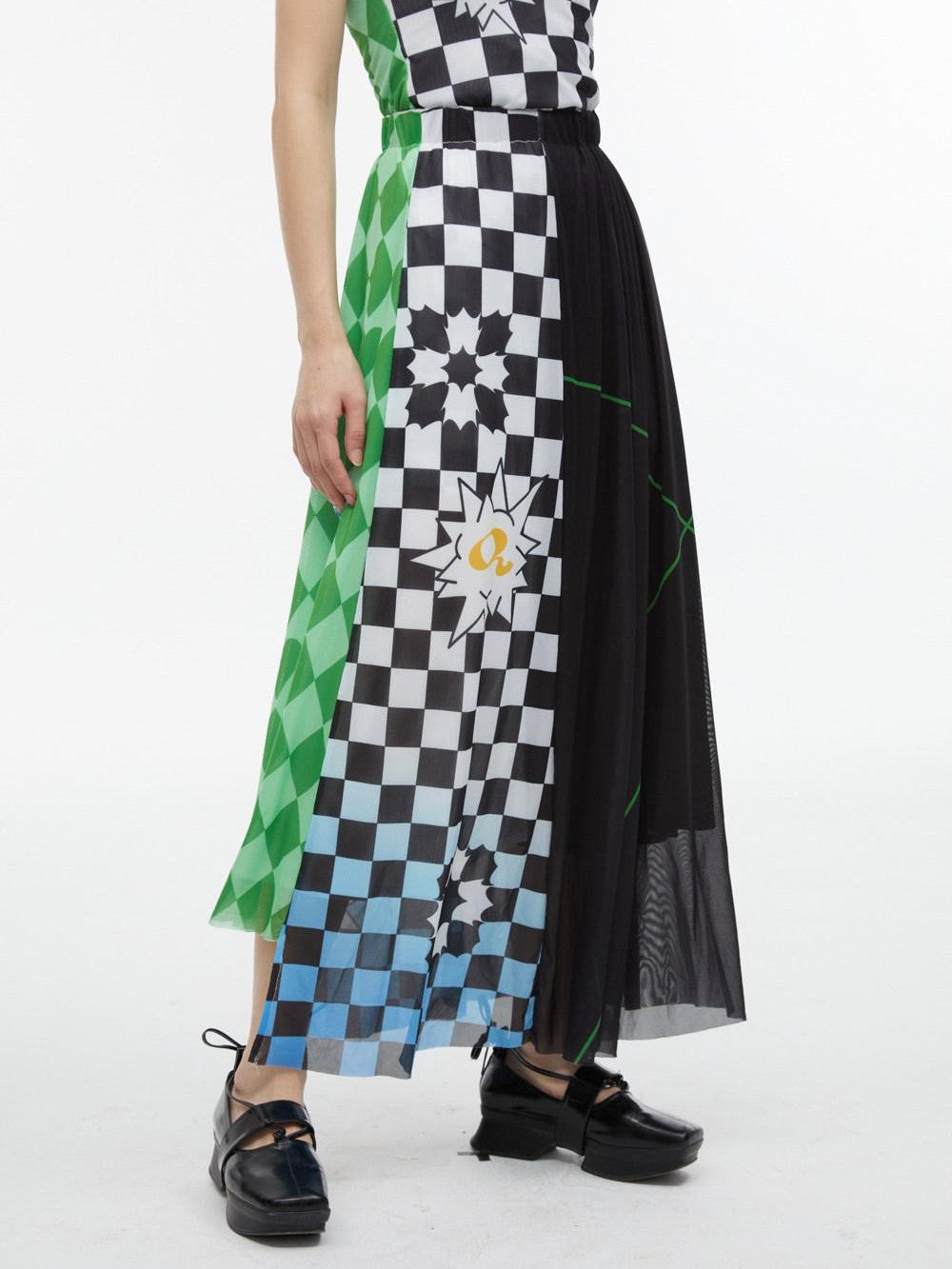 QUORRA S CHORD Black White Checkerboard Green Colorblock Asymmetrical Women&