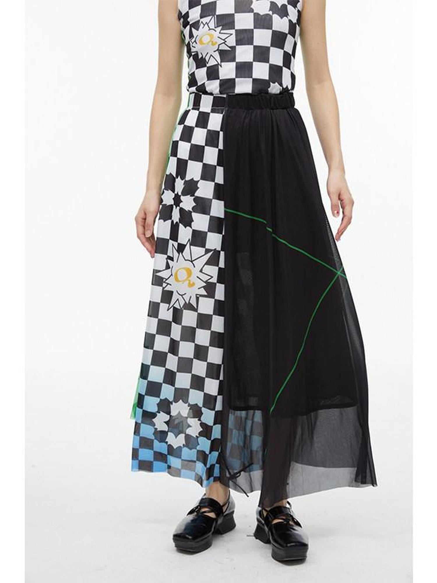QUORRA S CHORD Black White Checkerboard Green Colorblock Asymmetrical Women&