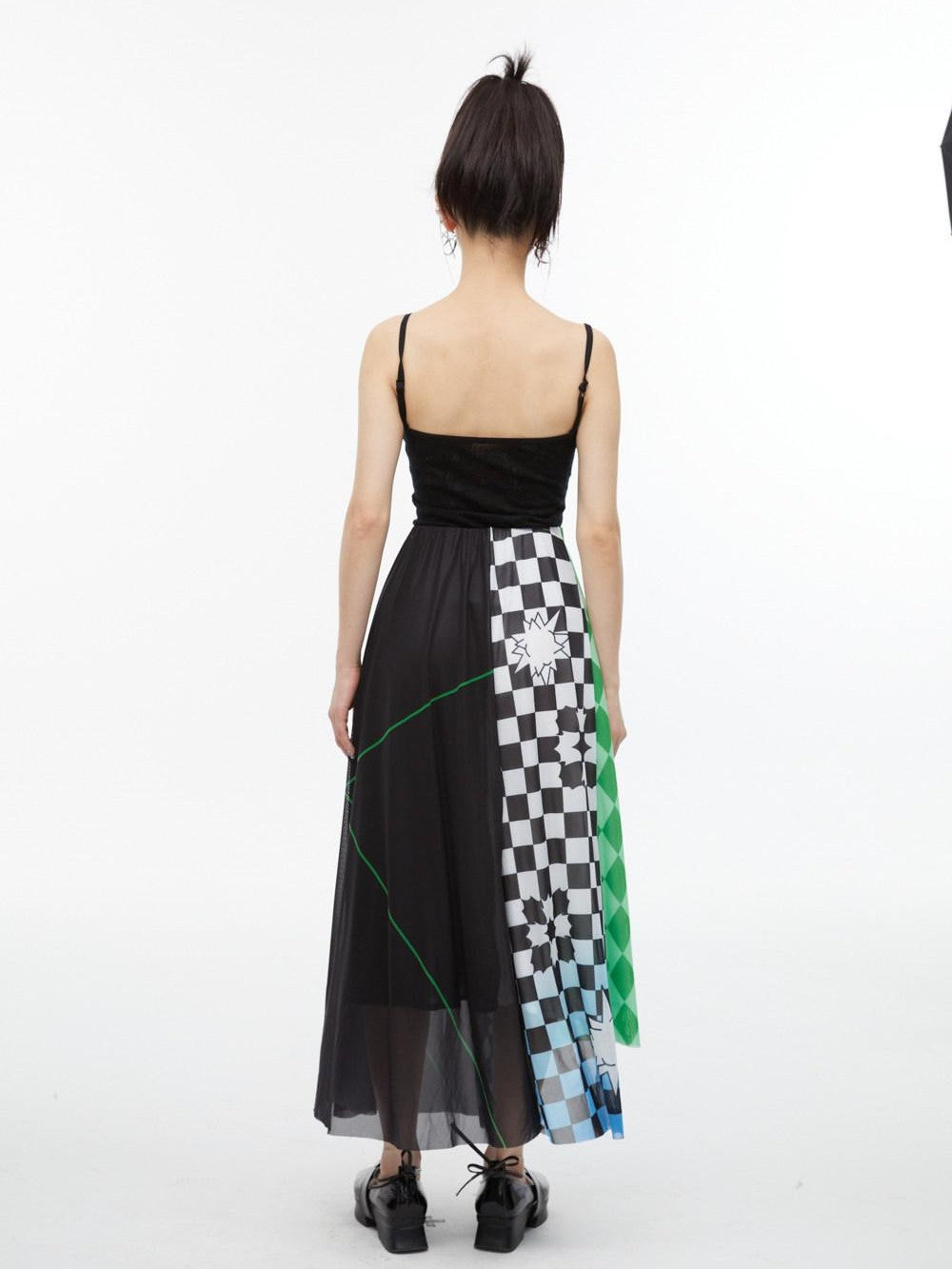 QUORRA S CHORD Black White Checkerboard Green Colorblock Asymmetrical Women&