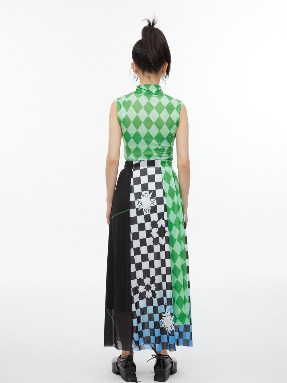 QUORRA S CHORD Black White Checkerboard Green Colorblock Asymmetrical Women&