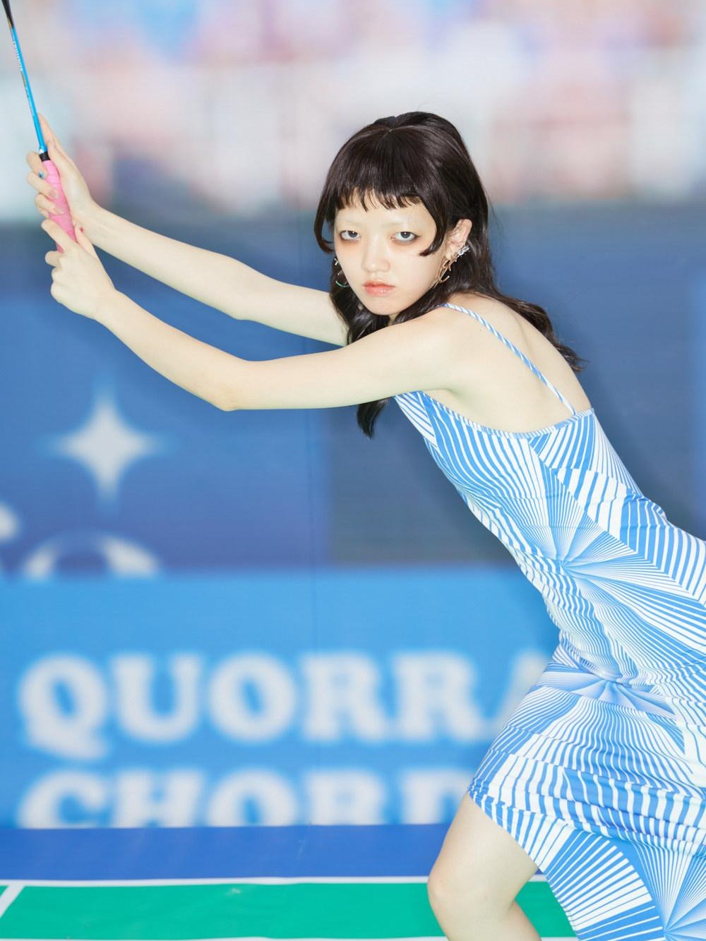 QUORRA S CHORD Blue Fan Shaped Psychedelic Print Backless Slit Women&