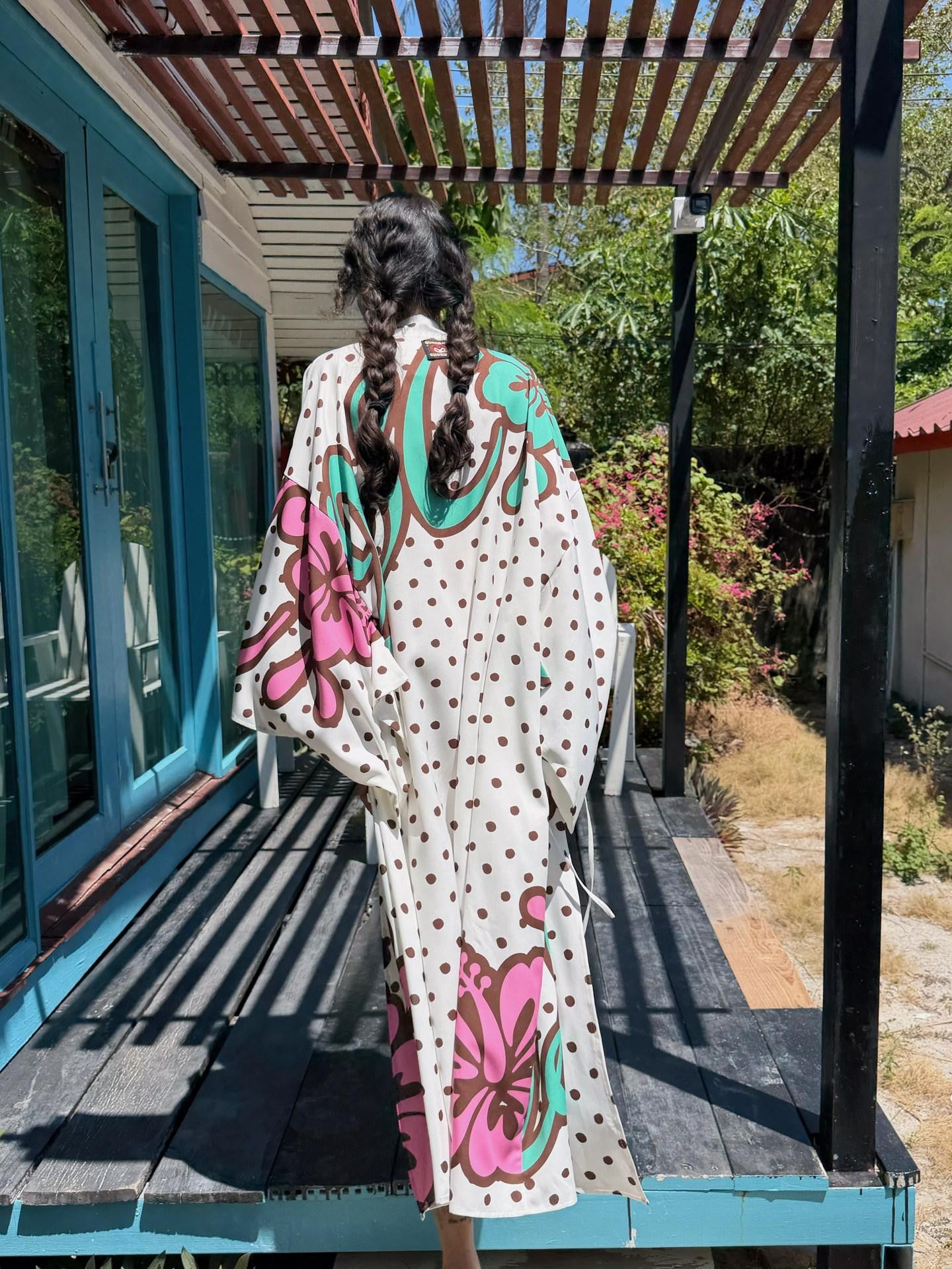 QUORRA S CHORD Brown Graffiti Polka Dot Hibiscus Colorblock Tie Waist Kimono Women&