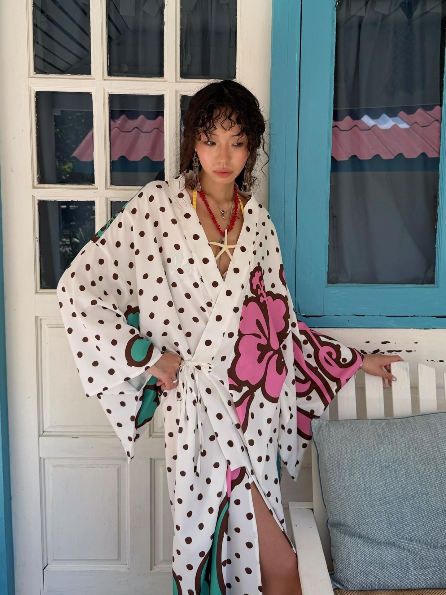 QUORRA S CHORD Brown Graffiti Polka Dot Hibiscus Colorblock Tie Waist Kimono Women&