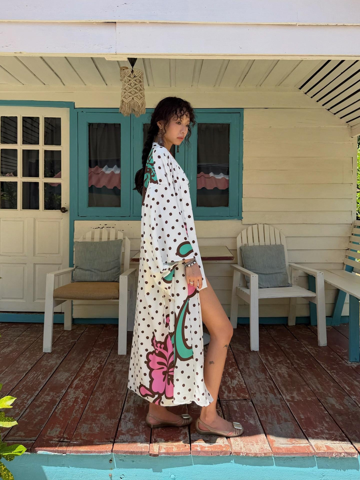 QUORRA S CHORD Brown Graffiti Polka Dot Hibiscus Colorblock Tie Waist Kimono Women&