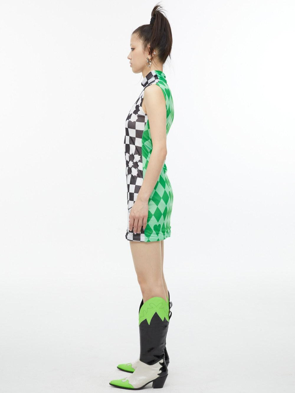 QUORRA S CHORD Checkerboard Green Contrast High Neck Sleeveless Women&
