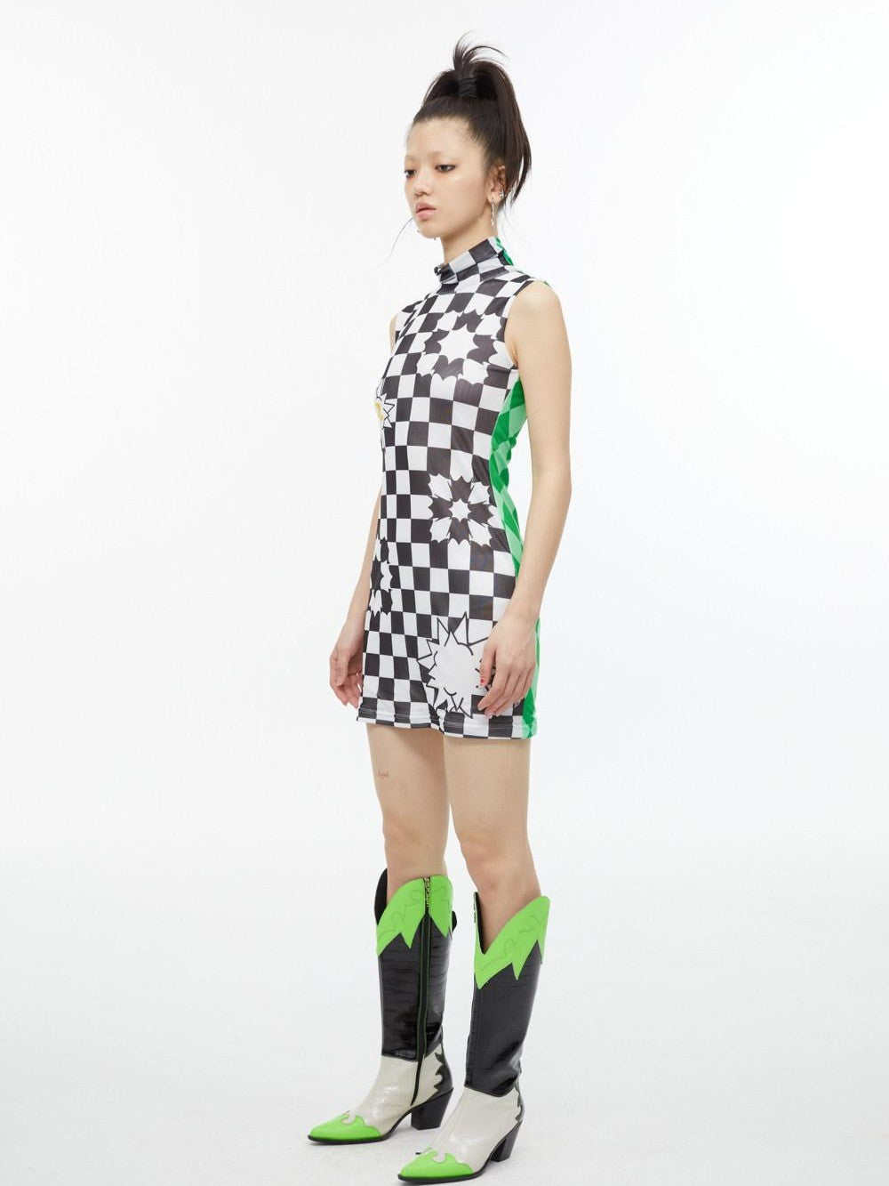 QUORRA S CHORD Checkerboard Green Contrast High Neck Sleeveless Women&