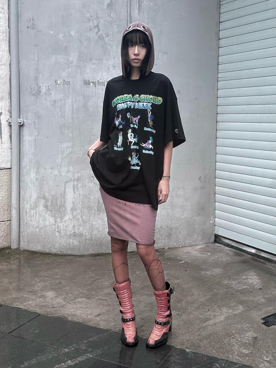 QUORRA S CHORD Distressed Pink Punk Cat Print Elastic Waist Women&