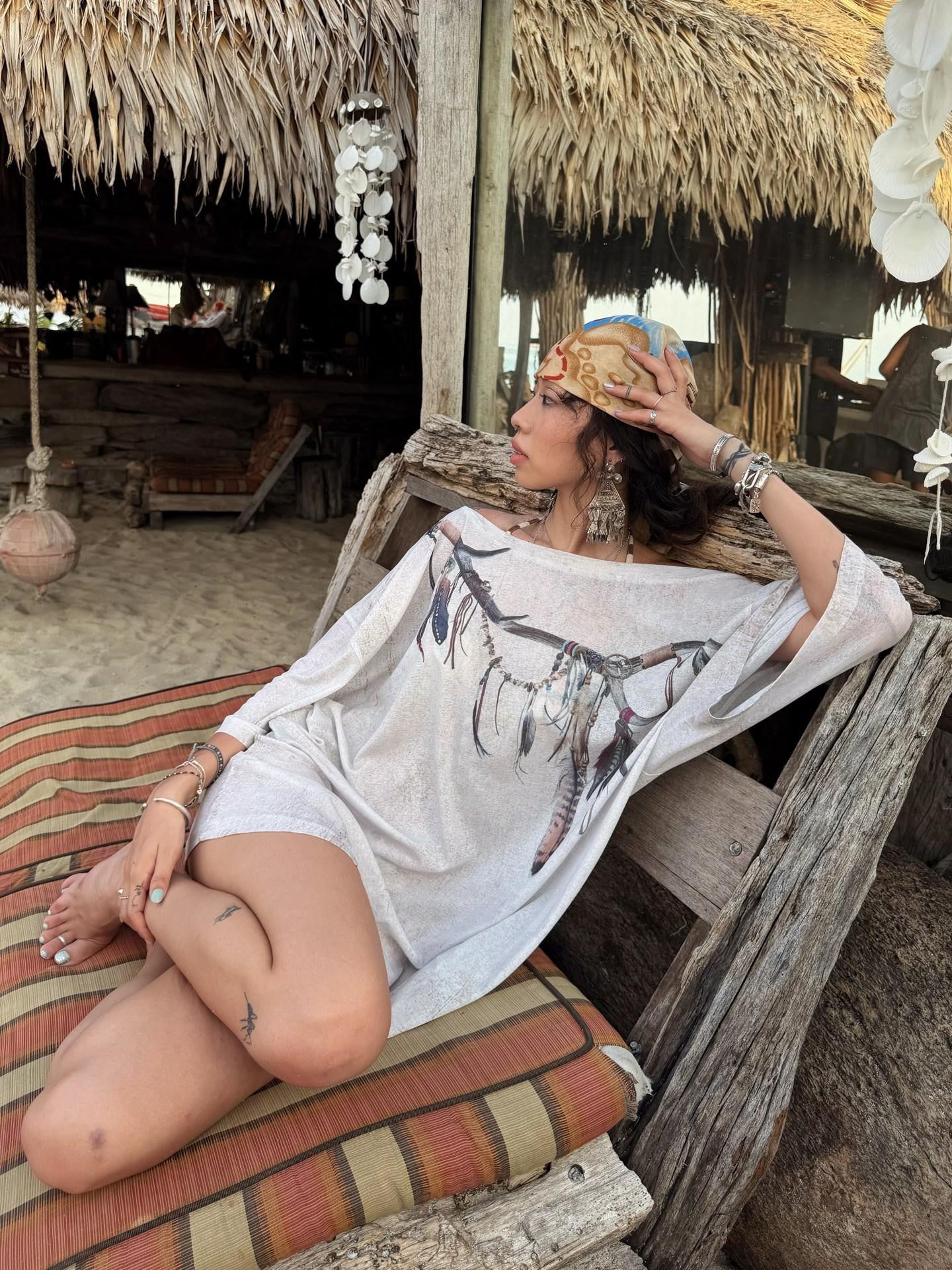 QUORRA S CHORD Distressed Vintage Feather Print Loose Drapey Women&