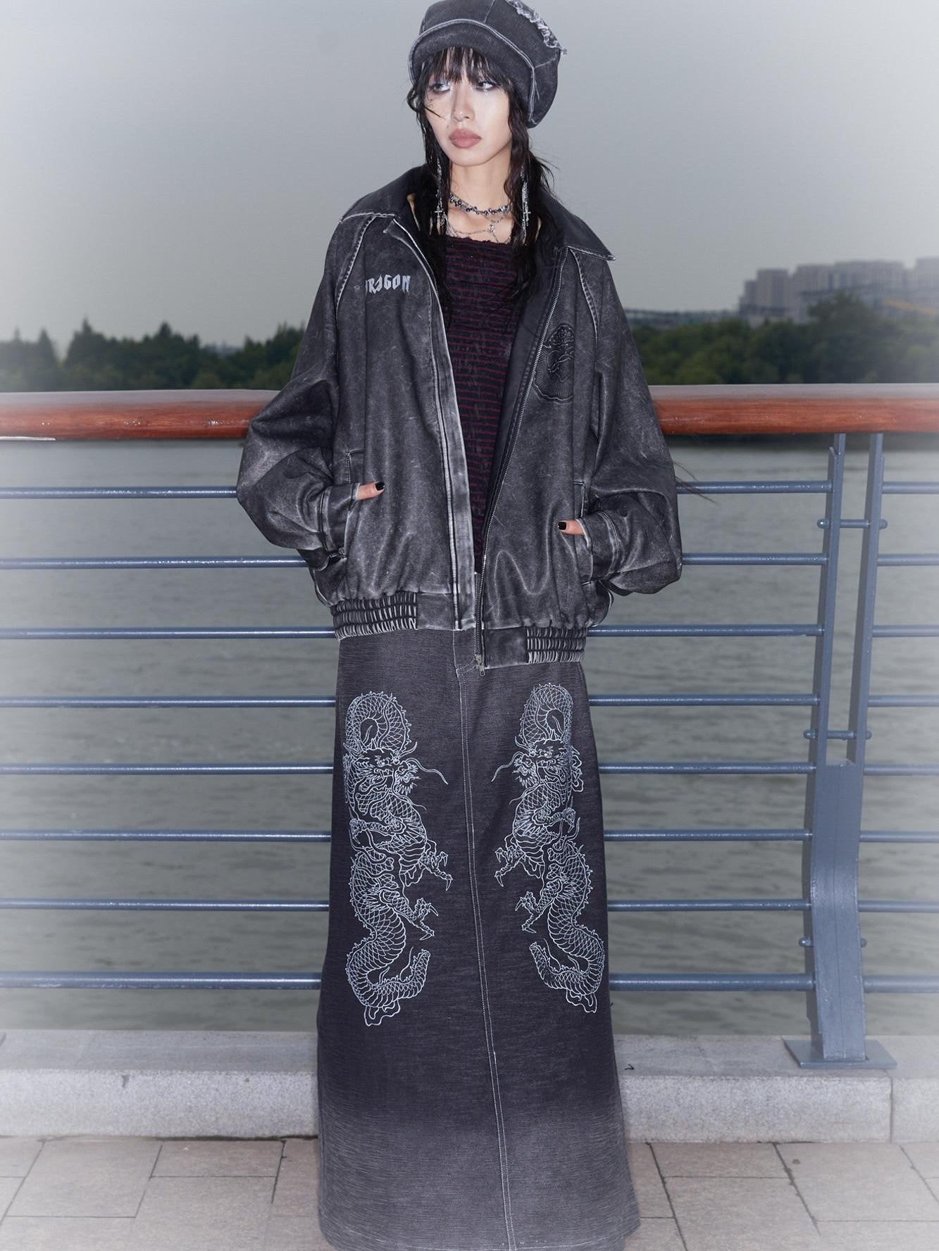 QUORRA S CHORD Dragon Embossed Silver Print Washed Distressed Women&
