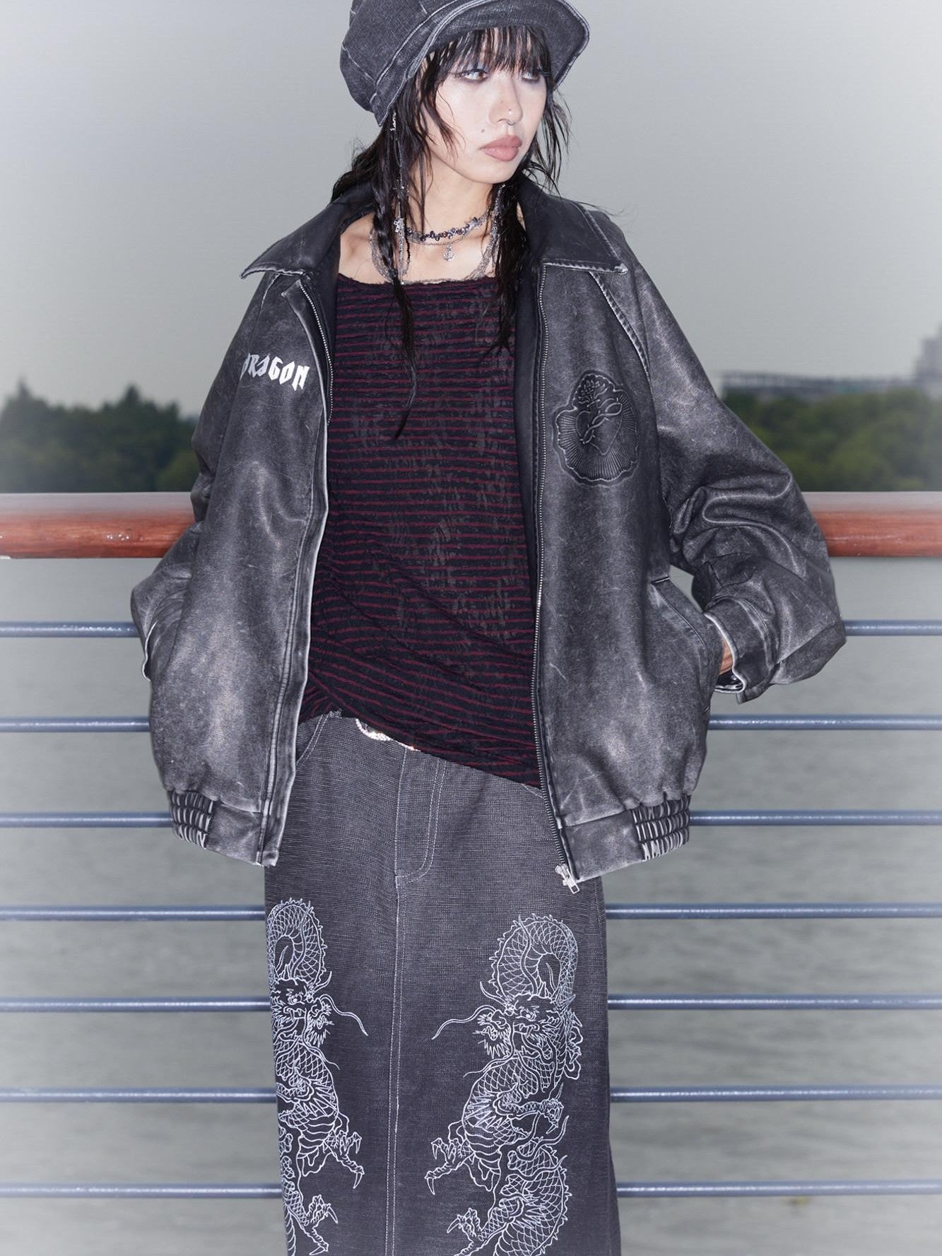 QUORRA S CHORD Dragon Embossed Silver Print Washed Distressed Women&