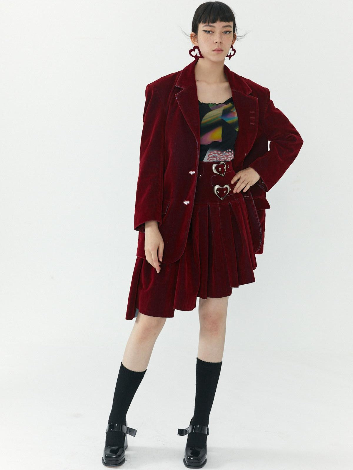 QUORRA S CHORD Flocked Red Velvet Heart Buckle Asymmetric Rock Women&
