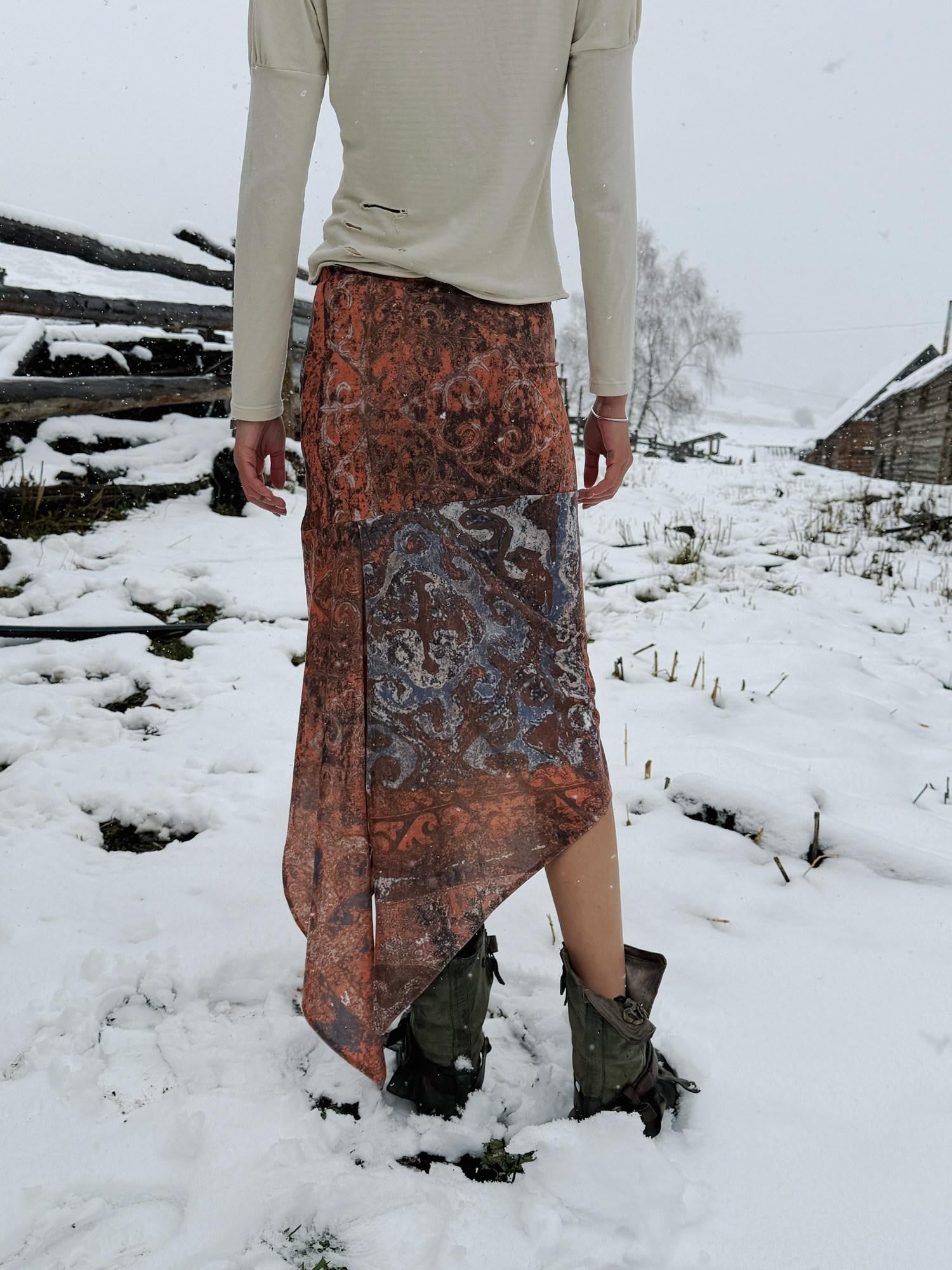 QUORRA S CHORD Flowing Asymmetrical Kazakh Print Slimming Women&