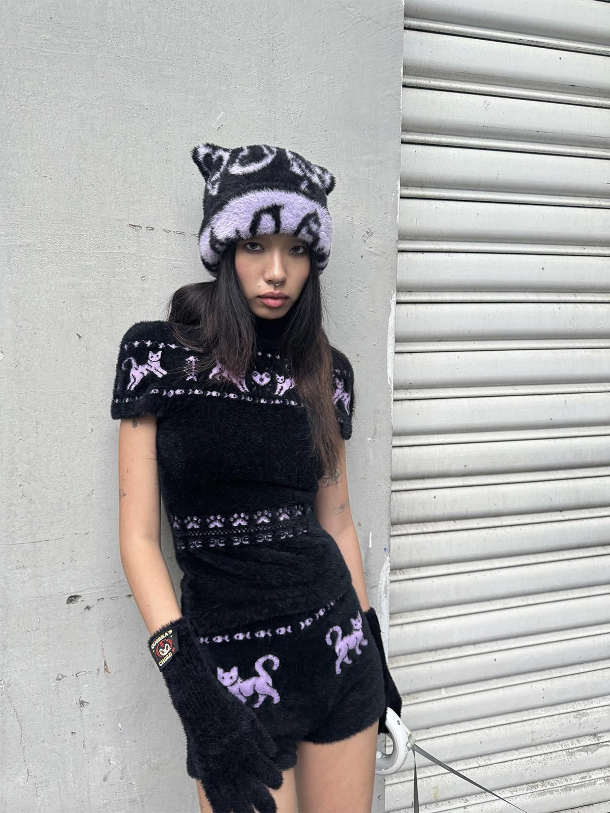 QUORRA S CHORD Fuzzy Embroidered Jacquard Kitten High Neck Women&