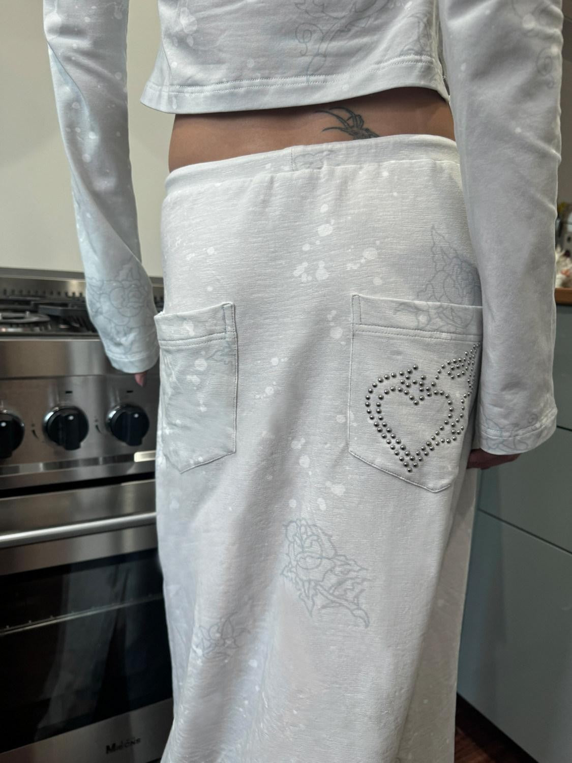 QUORRA S CHORD Gray Blue Punk Handpainted Tattoo Rose Rhinestone Distressed Women&