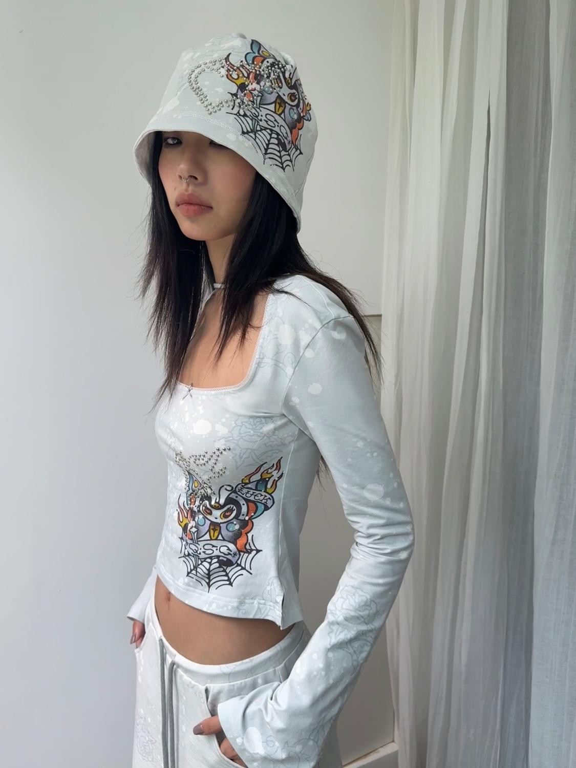 QUORRA S CHORD Gray Blue Punk Rose Tattoo Handpainted Rhinestone Women&