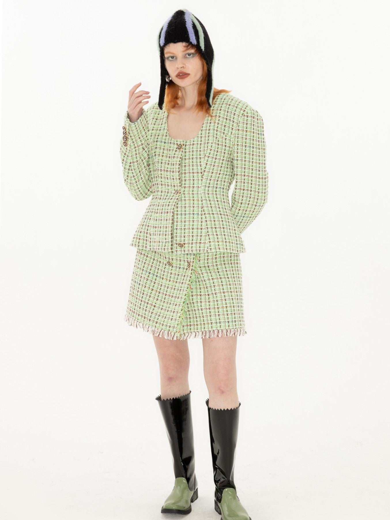 QUORRA S CHORD Green Vintage Woven Boucle Frayed Hem Women&