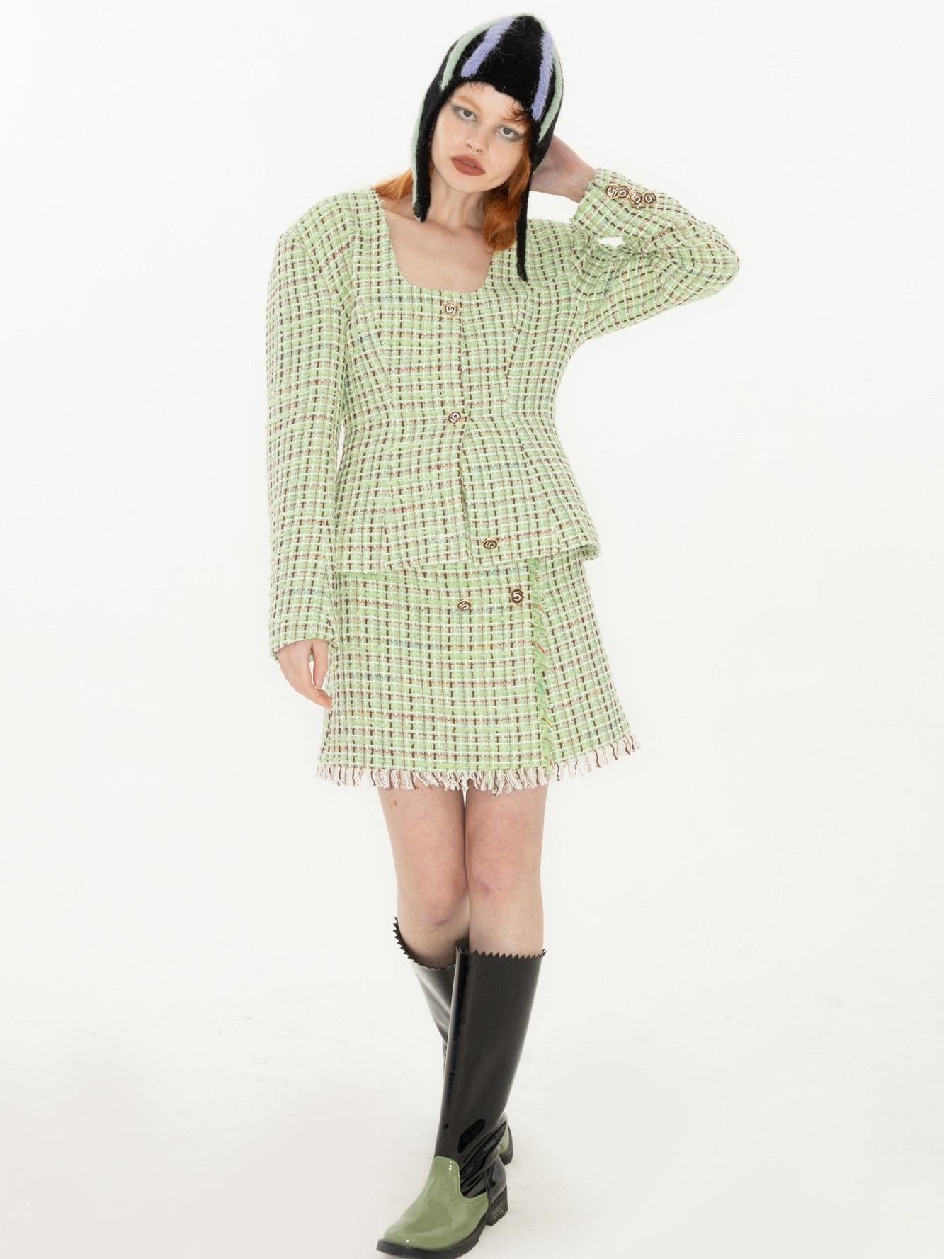 QUORRA S CHORD Green Vintage Woven Boucle Frayed Hem Women&