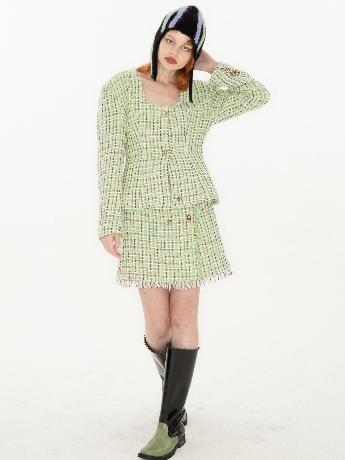 QUORRA S CHORD Green Vintage Woven Square Neck Waist Cinched Women&