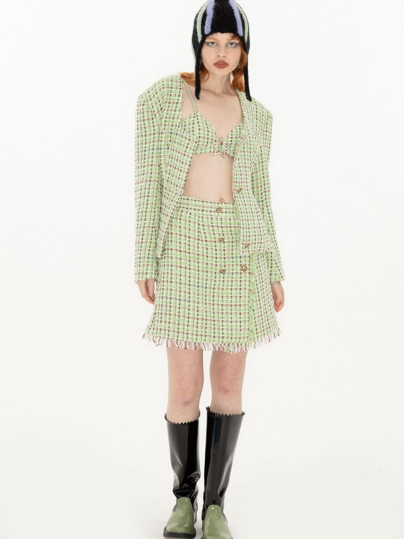 QUORRA S CHORD Green Vintage Woven Square Neck Waist Cinched Women&