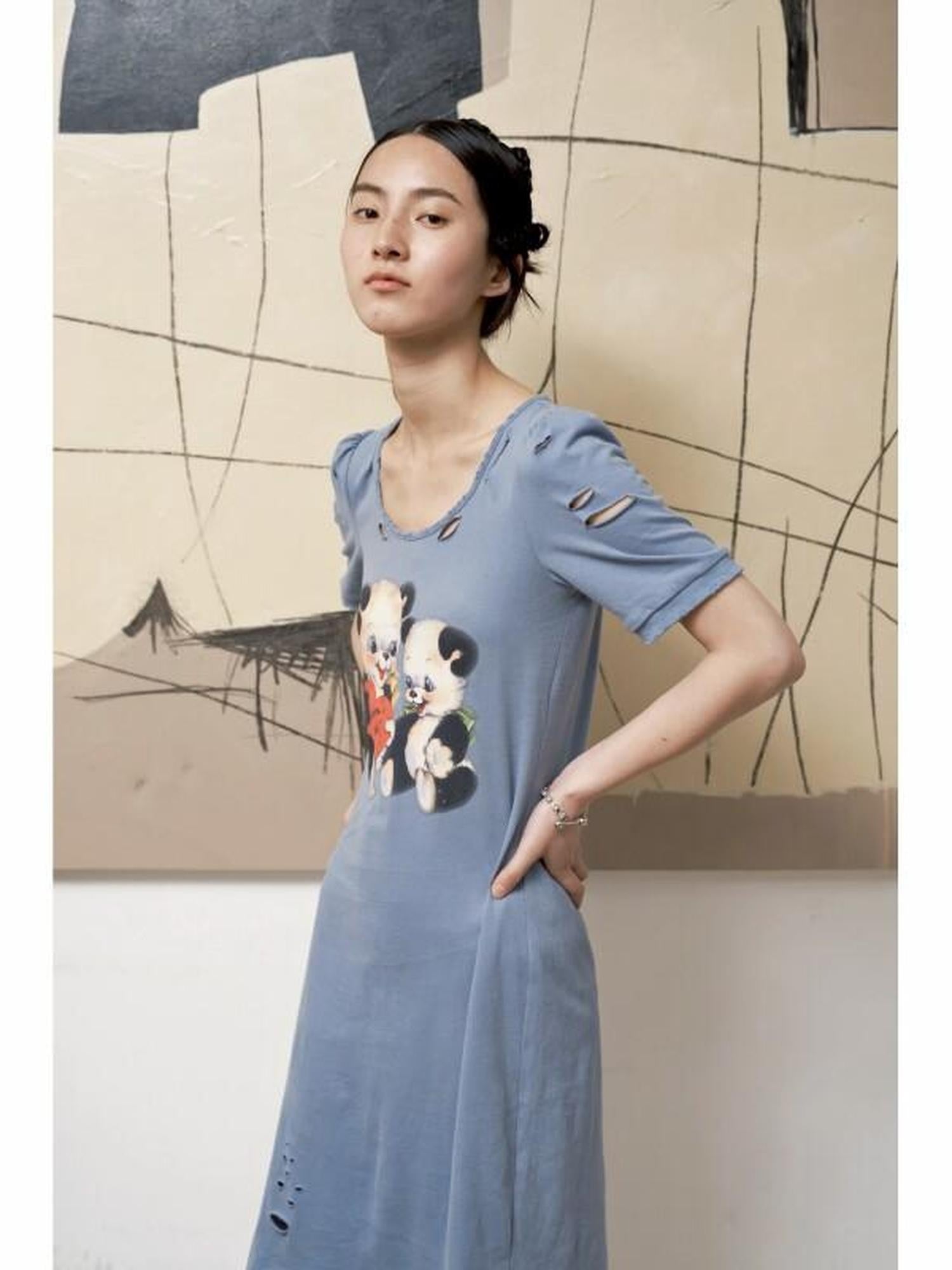 QUORRA S CHORD Haze Blue Printed Distressed Puff Sleeve Women&