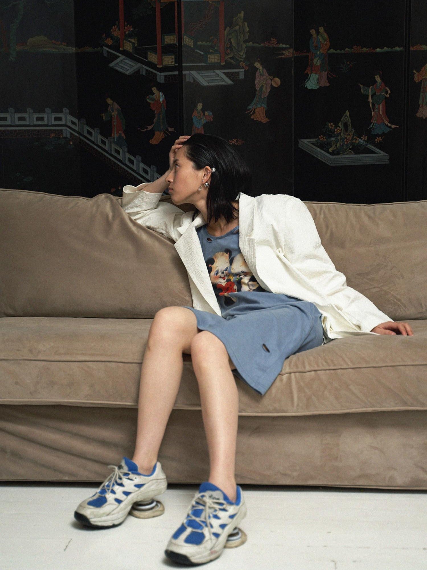 QUORRA S CHORD Haze Blue Printed Distressed Puff Sleeve Women&