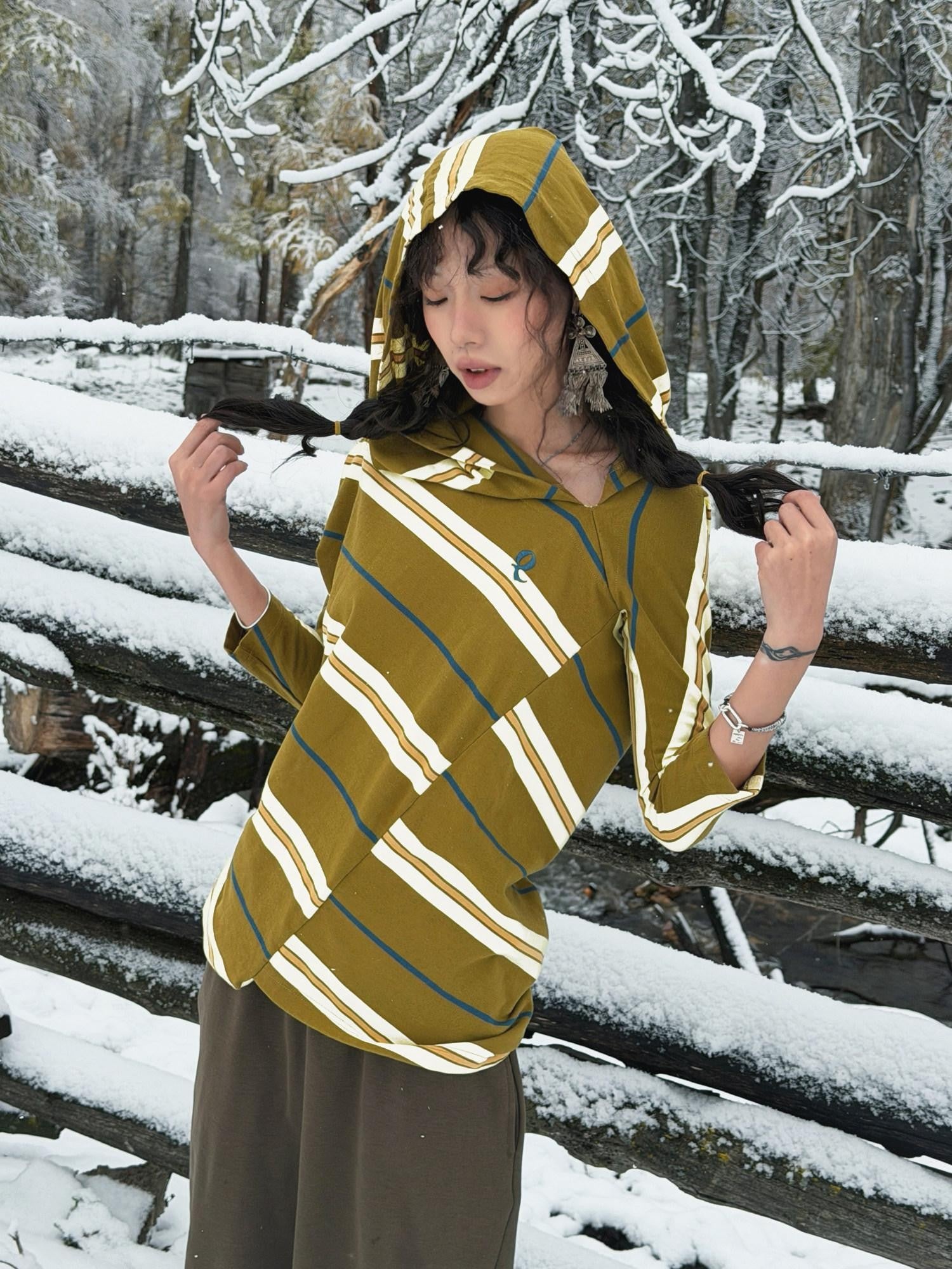 QUORRA S CHORD Irregular Patchwork Hood Three Quarter Sleeve Women&
