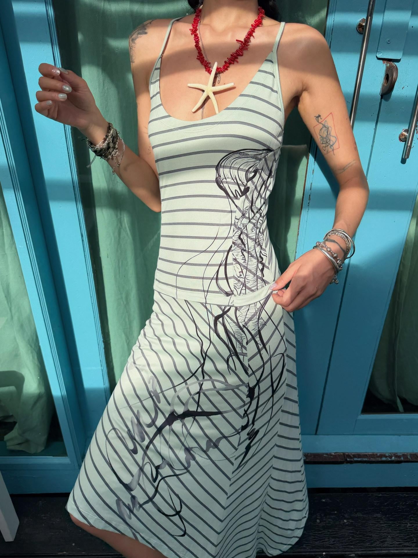 QUORRA S CHORD Mint Green Striped Backless Cinched Waist Women&