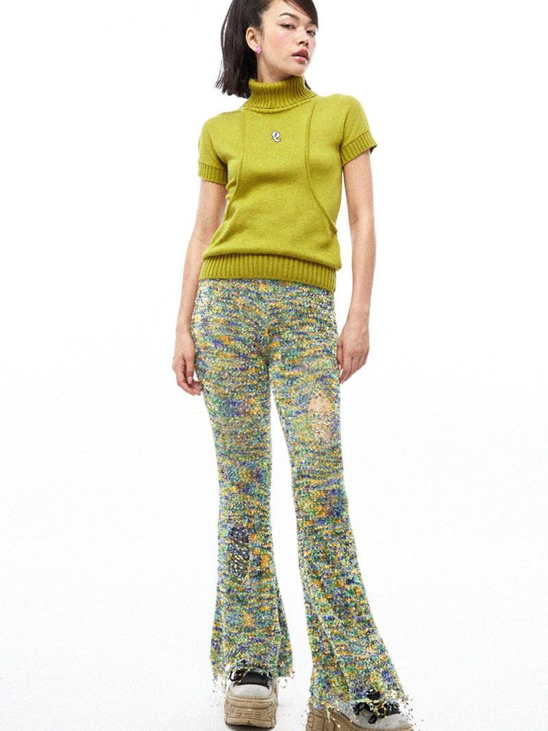 QUORRA S CHORD Multicolor Jacquard Knit Frayed Distressed Elastic Waist Women&