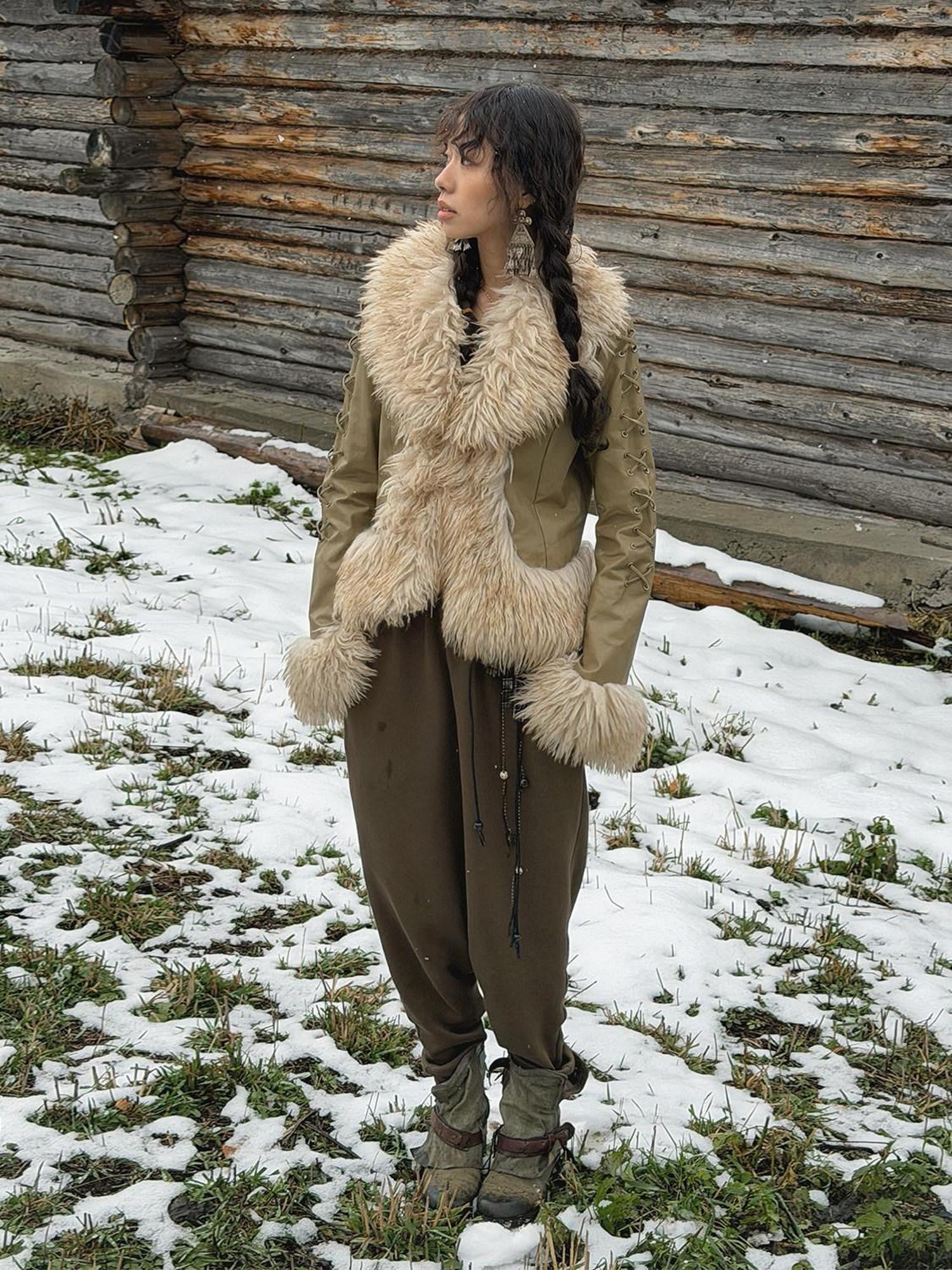 QUORRA S CHORD Olive Brown Fur Collar Cinched Waist Bell Sleeve Women&