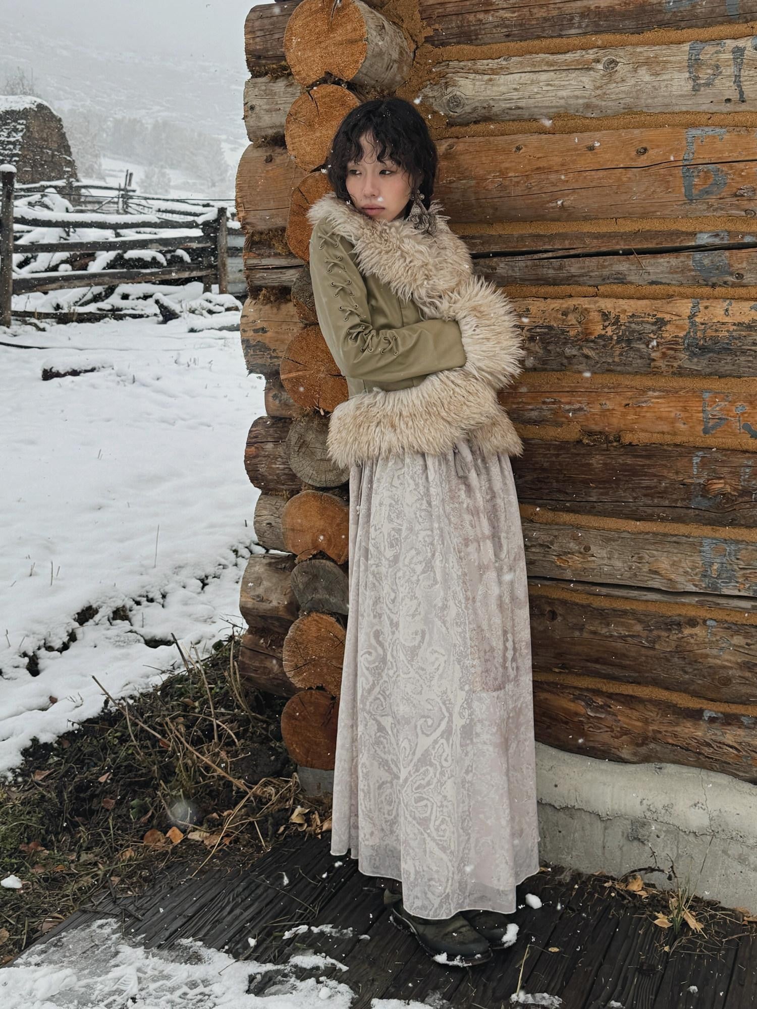 QUORRA S CHORD Olive Brown Fur Collar Cinched Waist Bell Sleeve Women&