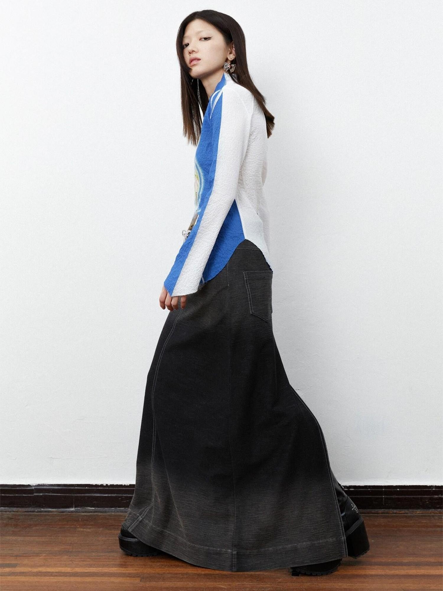 QUORRA S CHORD Ombre Heart Print Ruched Bell Sleeve Slim Women&