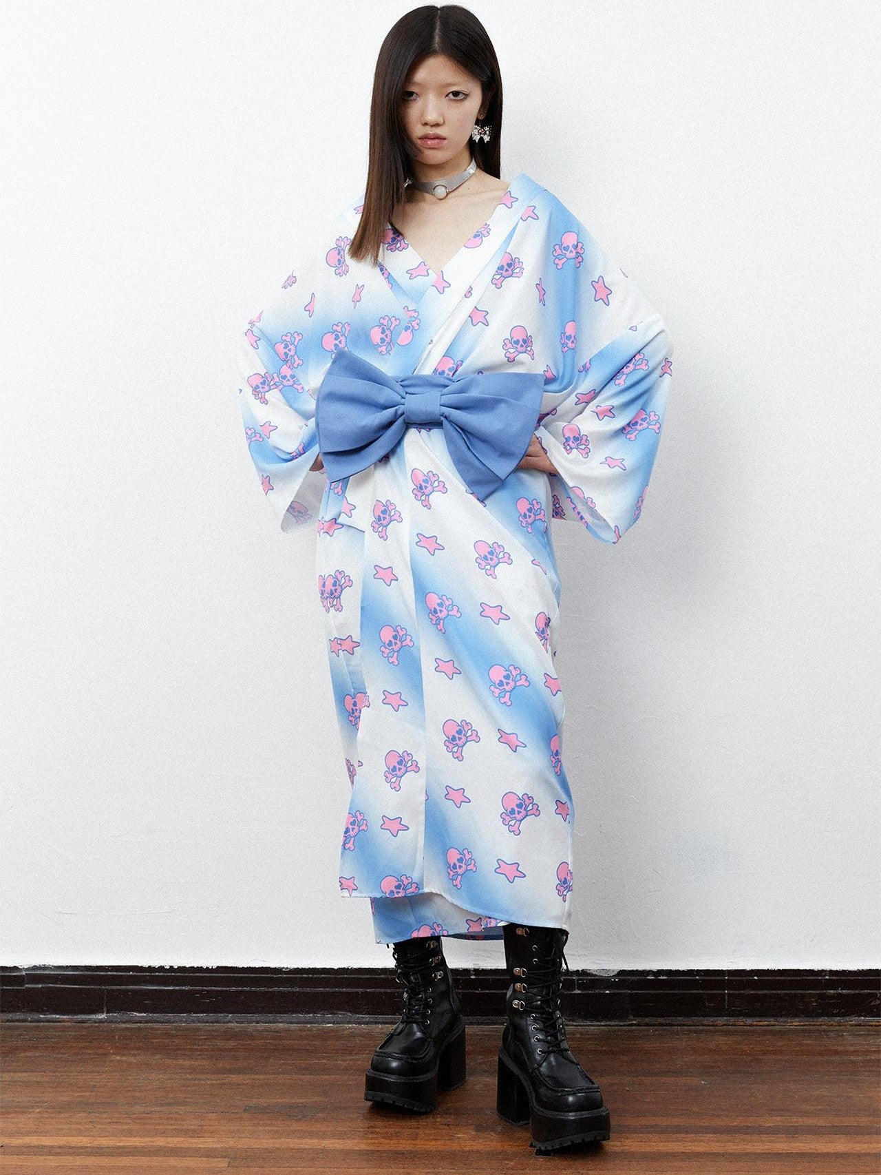 QUORRA S CHORD Pink Blue Skull Star Print Kimono Bow Belt Women&