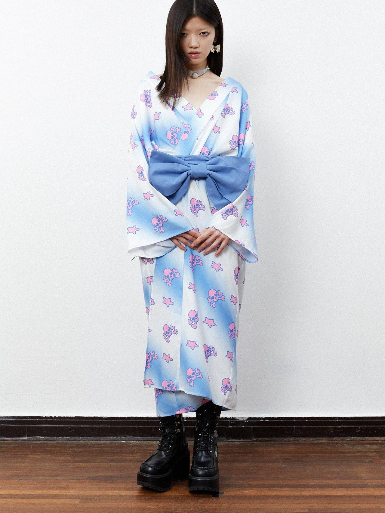 QUORRA S CHORD Pink Blue Skull Star Print Kimono Bow Belt Women&