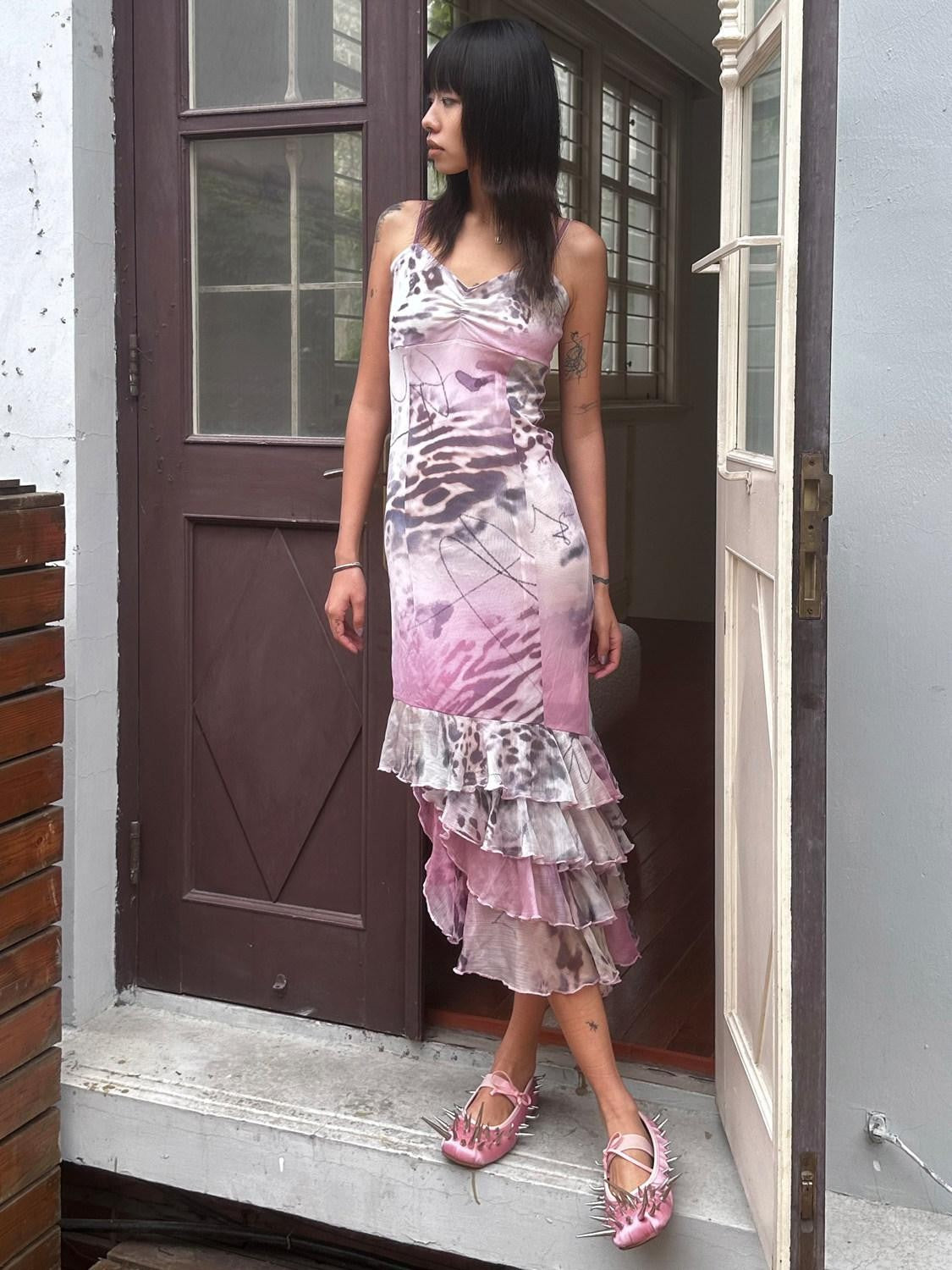 QUORRA S CHORD Pink Leopard Mesh Spliced Ruffle Asymmetrical Women&