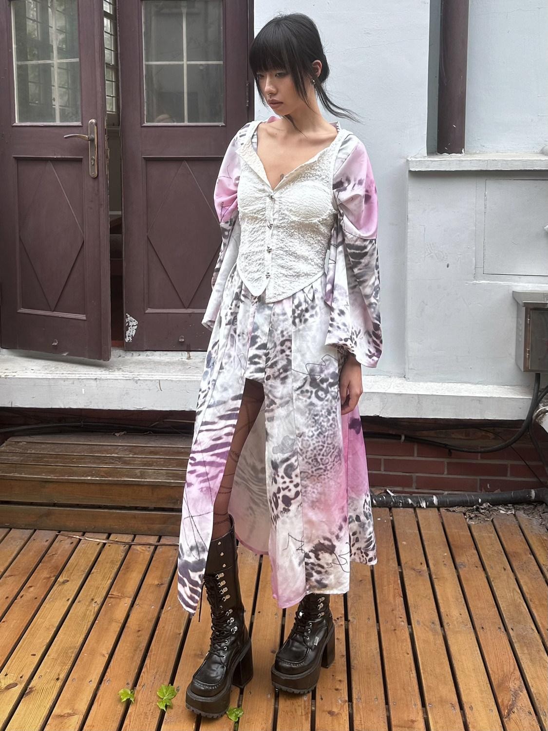 QUORRA S CHORD Pink Leopard Print Kimono Shawl Collar Loose Three Piece Women&