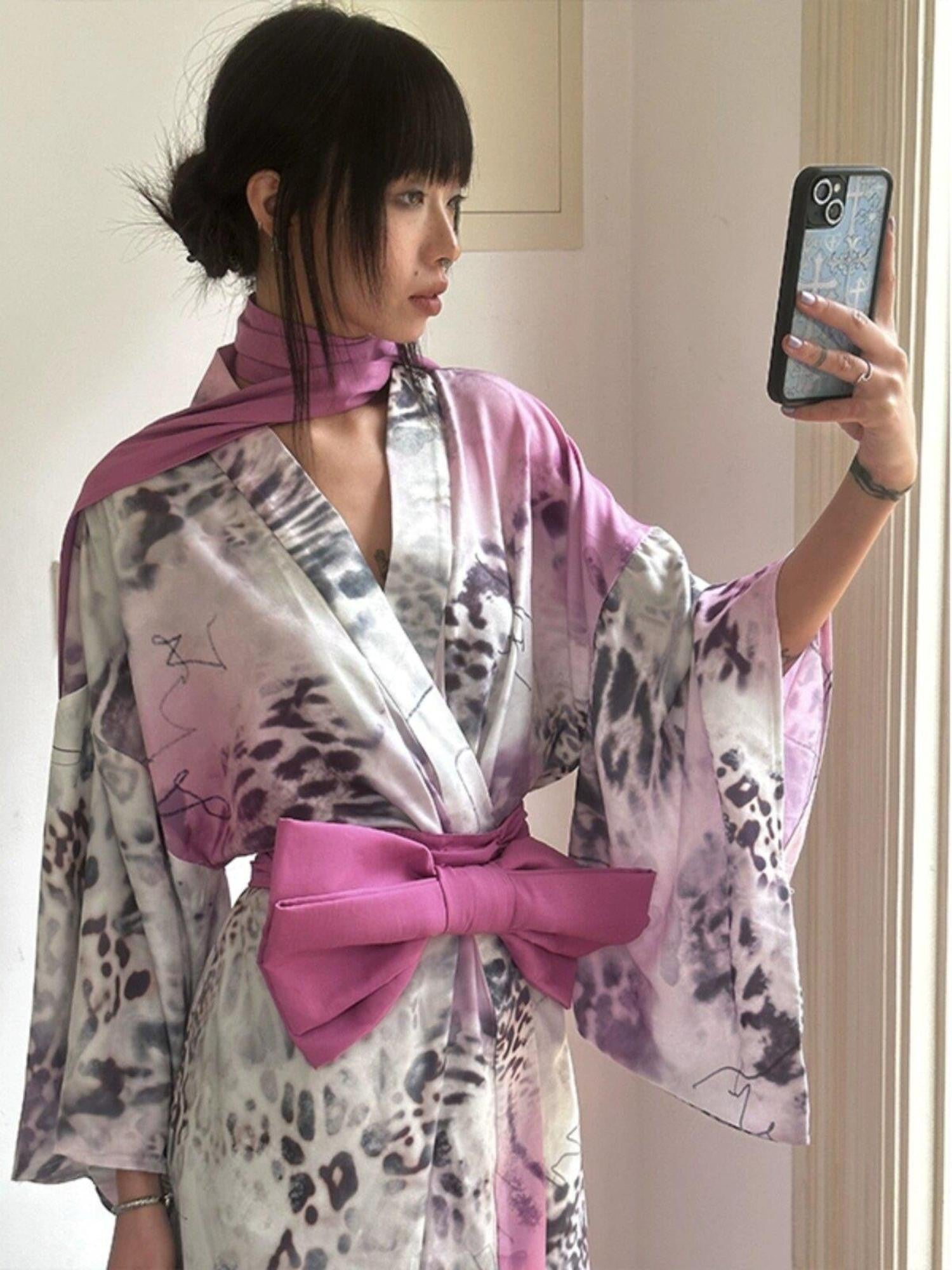QUORRA S CHORD Pink Leopard Print Kimono Shawl Collar Loose Three Piece Women&