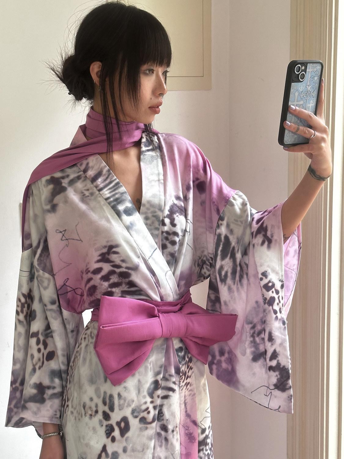 QUORRA S CHORD Pink Leopard Print Kimono Shawl Collar Loose Three Piece Women&