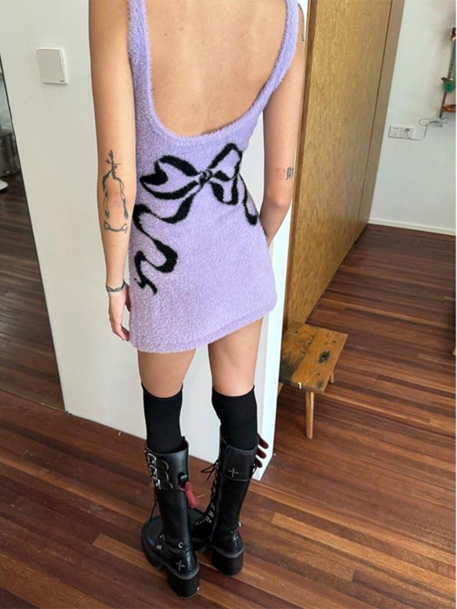 QUORRA S CHORD Pink Purple Small Black Cat Sparkly Bow Backless Women&