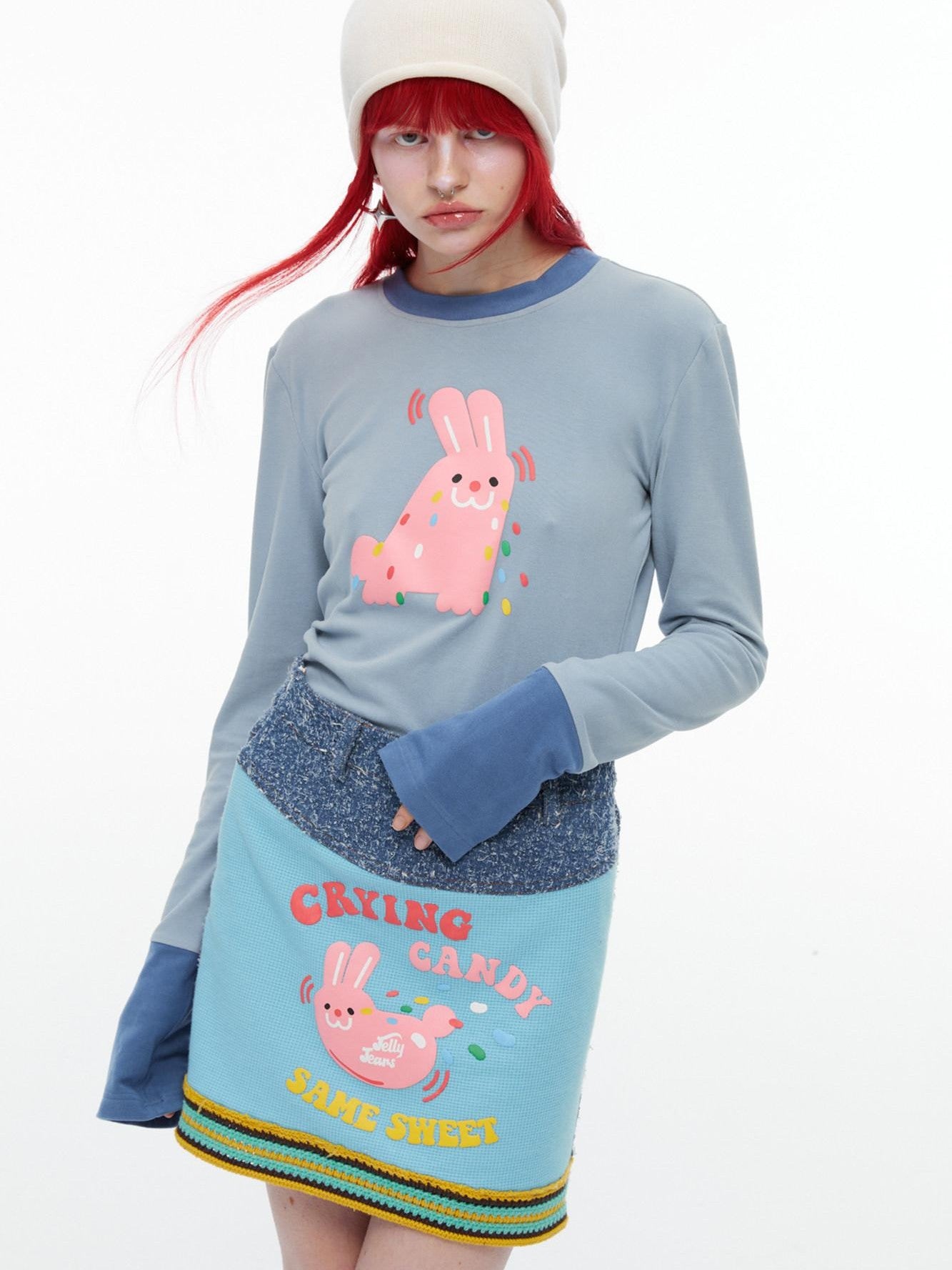 QUORRA S CHORD Pink Rabbit Waffle Check Patch Distressed Denim Women&