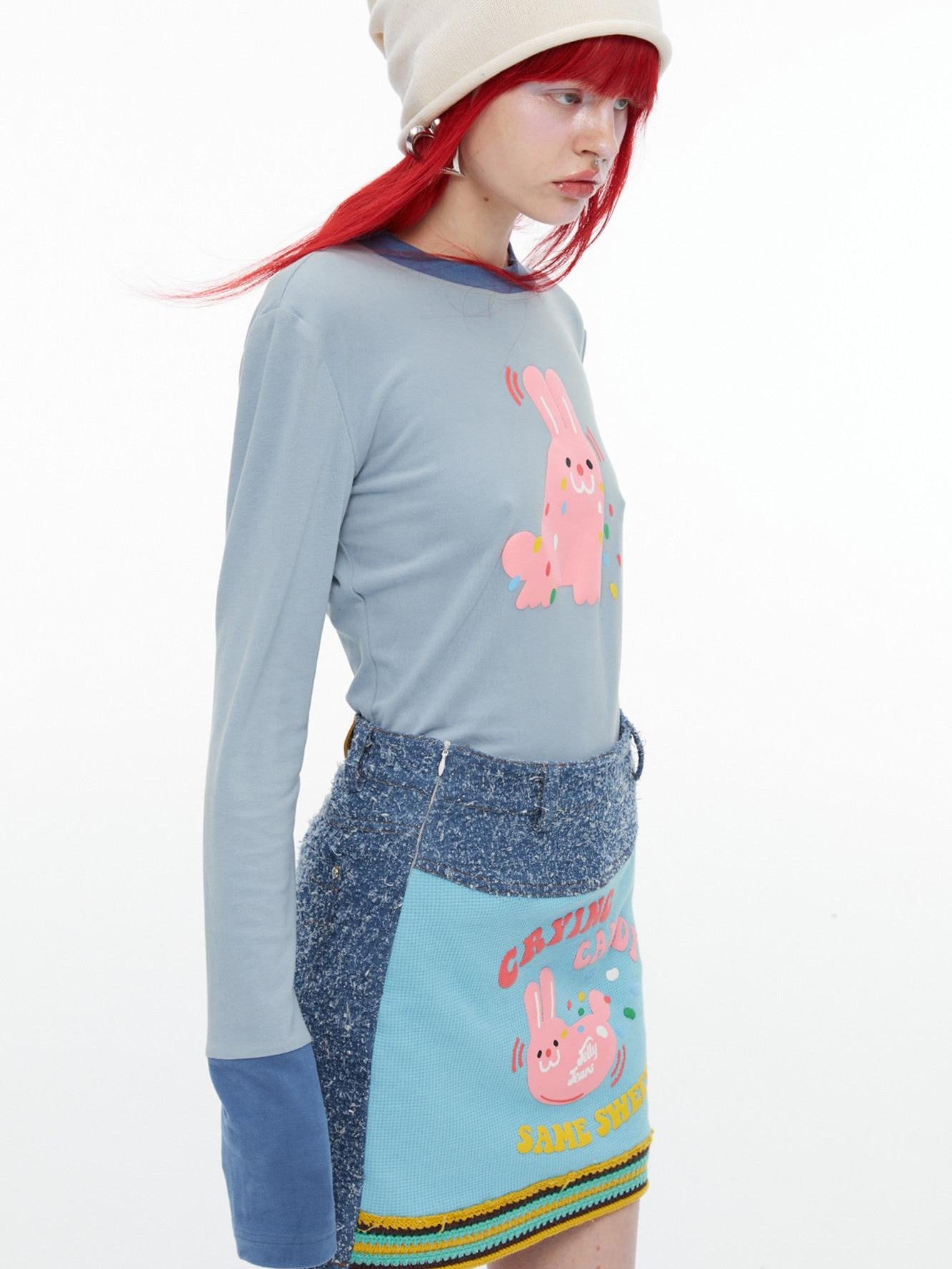 QUORRA S CHORD Pink Rabbit Waffle Check Patch Distressed Denim Women&