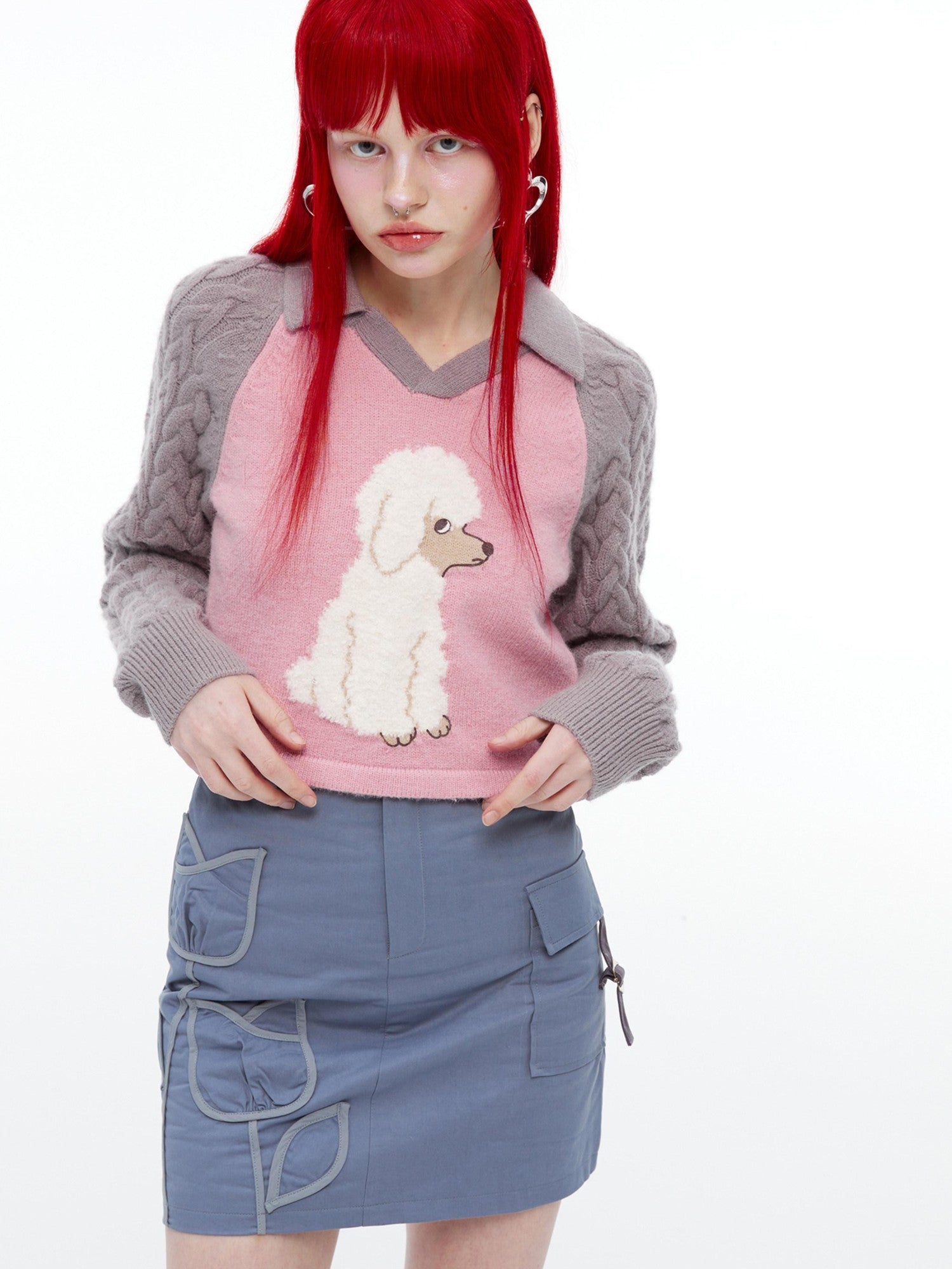 QUORRA S CHORD Pink Ribbed Raglan High Waist White Eyed Poodle Graphic Women&