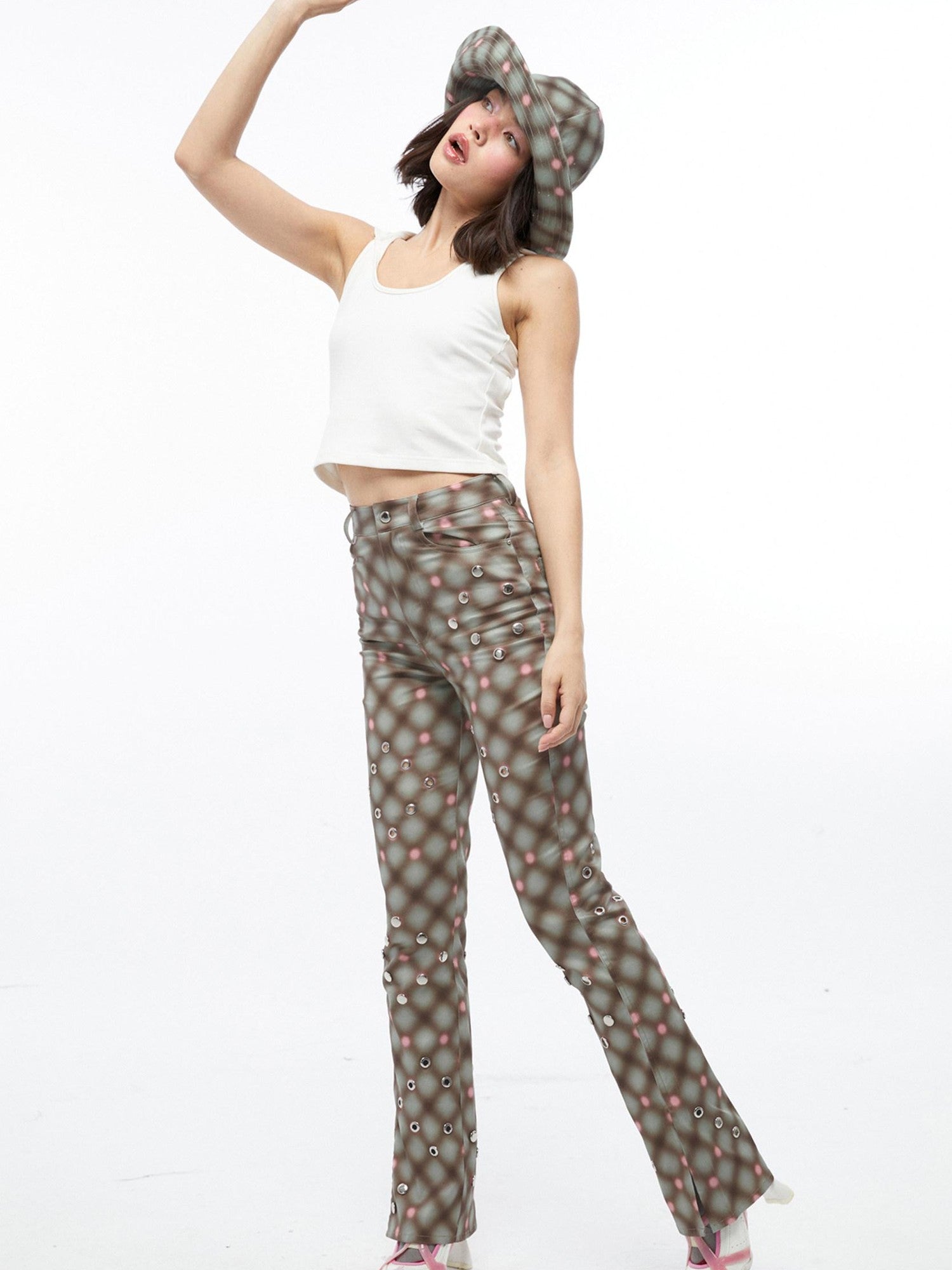 QUORRA S CHORD Plaid Rivet Eyelet Side Slit Micro Flare Women&