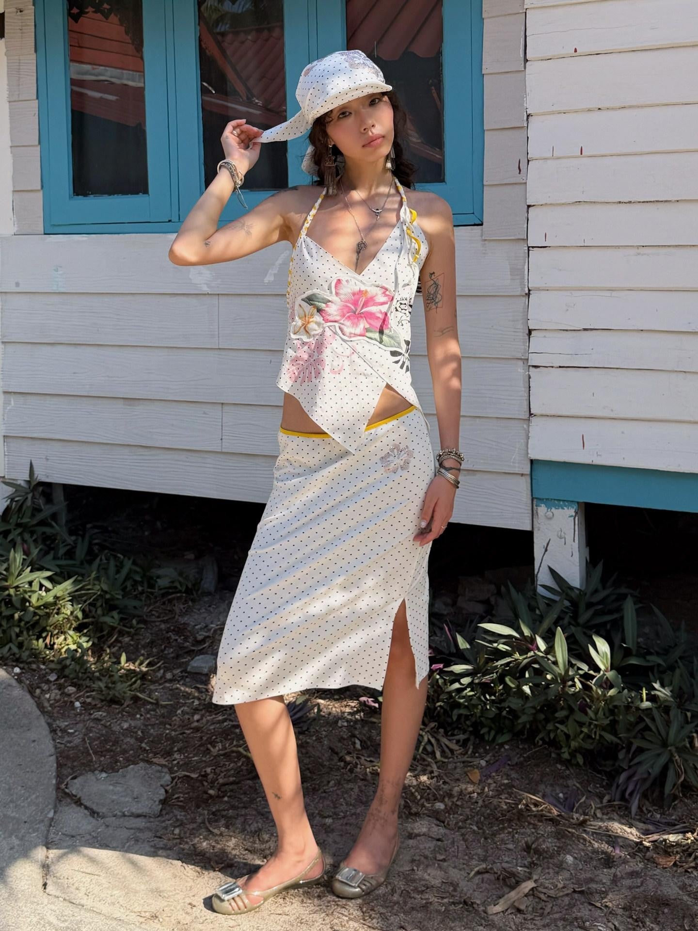 QUORRA S CHORD Polka Dot Colorblock Hibiscus Rhinestone Double Slit Women&