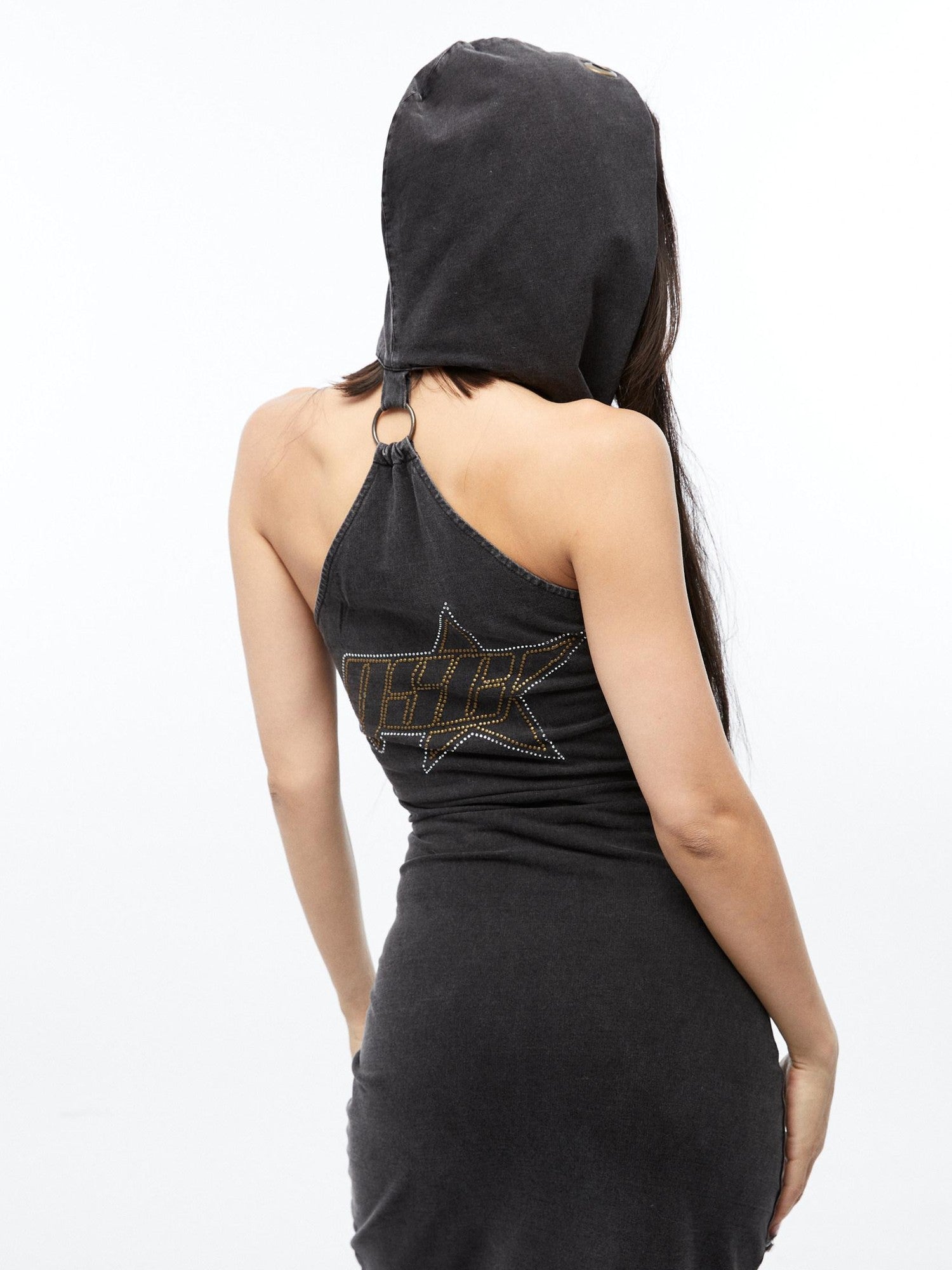 QUORRA S CHORD Rhinestone Hooded Backless Slit Women&