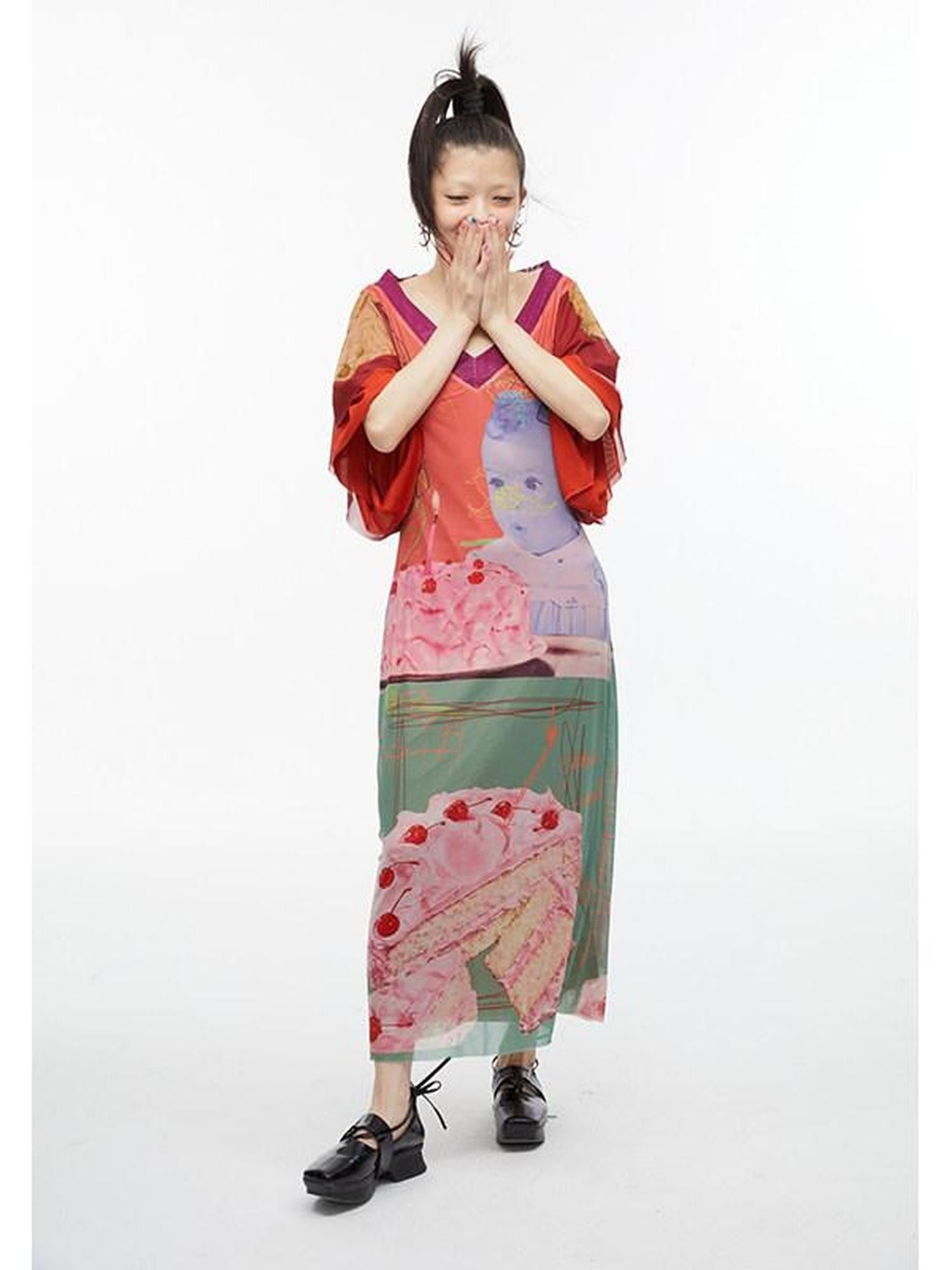 QUORRA S CHORD Sexy Birthday Cake Kimono Print Slimming Women&